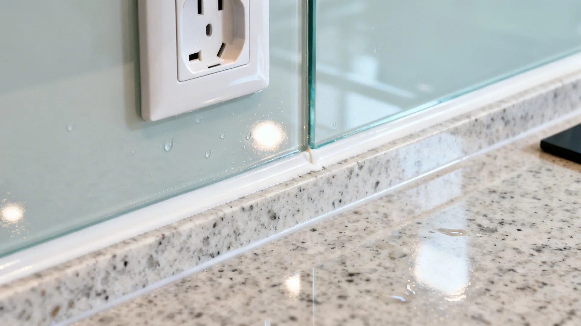 Close-up of back-painted glass backsplash with clean sealed edge and socket cutout.