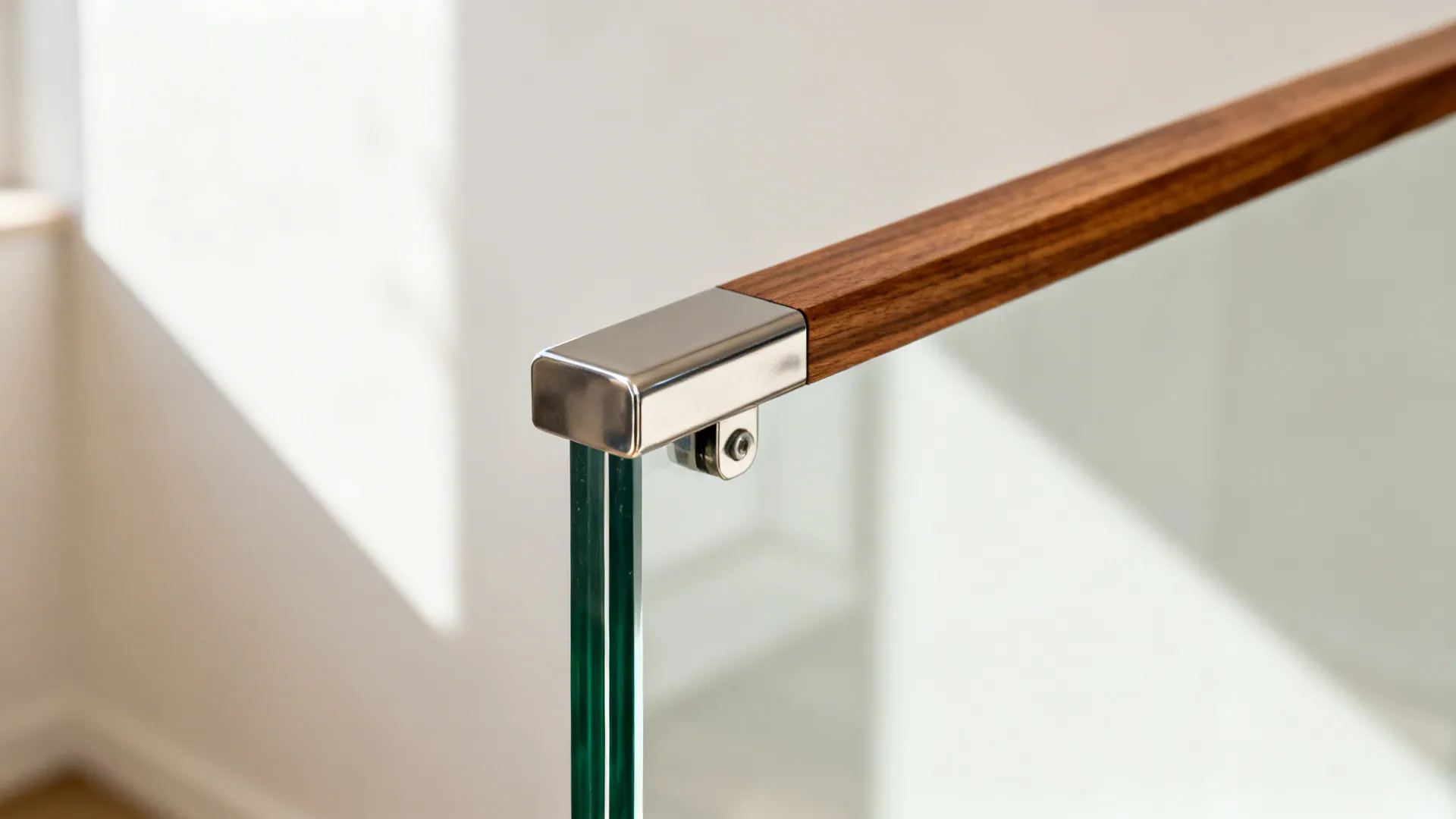 Close-up of low-iron glass railing with polished edge and slim oak cap