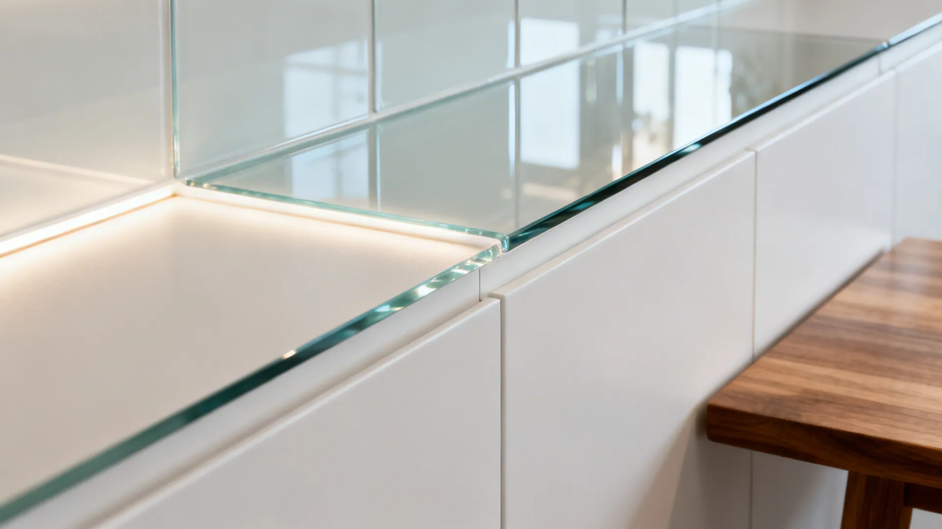Close-up of clear glass backsplash meeting satin-white cabinetry under soft LED light.
