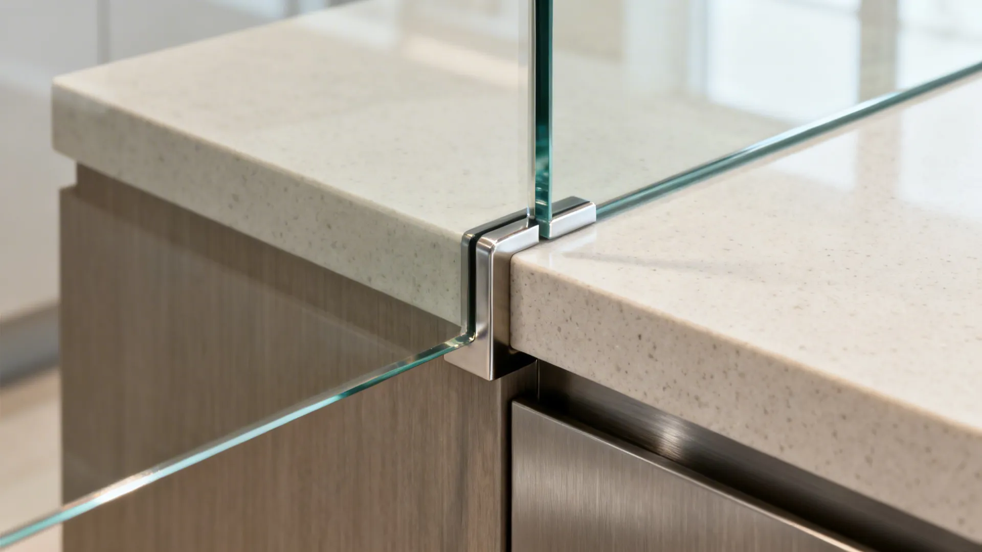 Close-up of a low-iron glass panel edge meeting a quartz countertop on an L-shaped island.