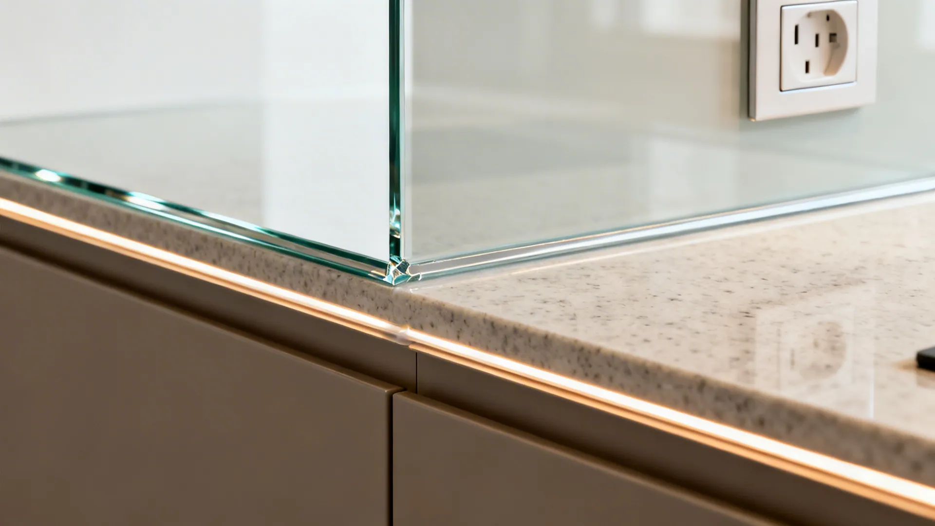 Close-up of low-iron glass backsplash edge aligned with quartz counter and matte cabinet.