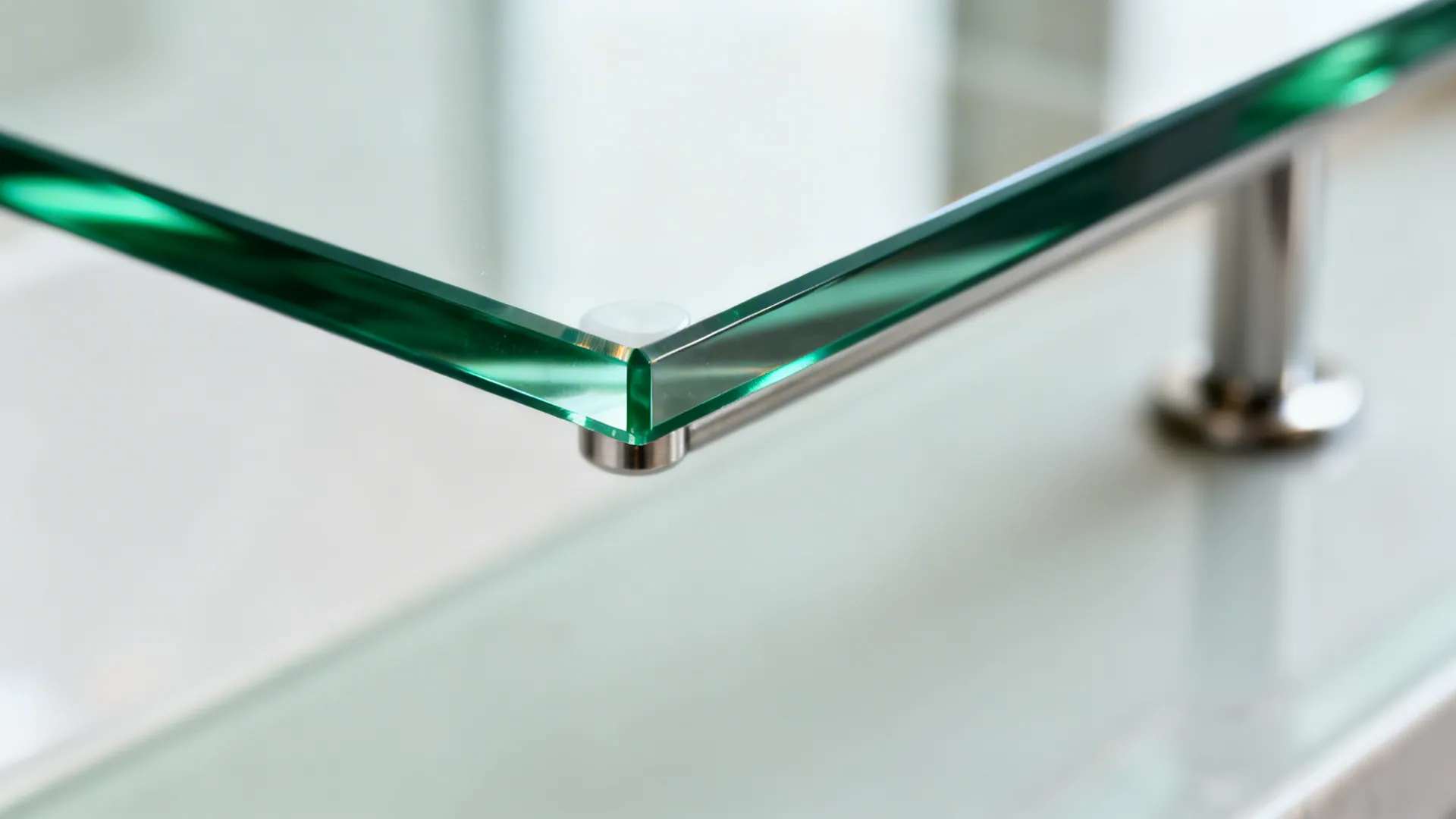 Close-up of polished tempered low-iron glass countertop edge with metal standoff.