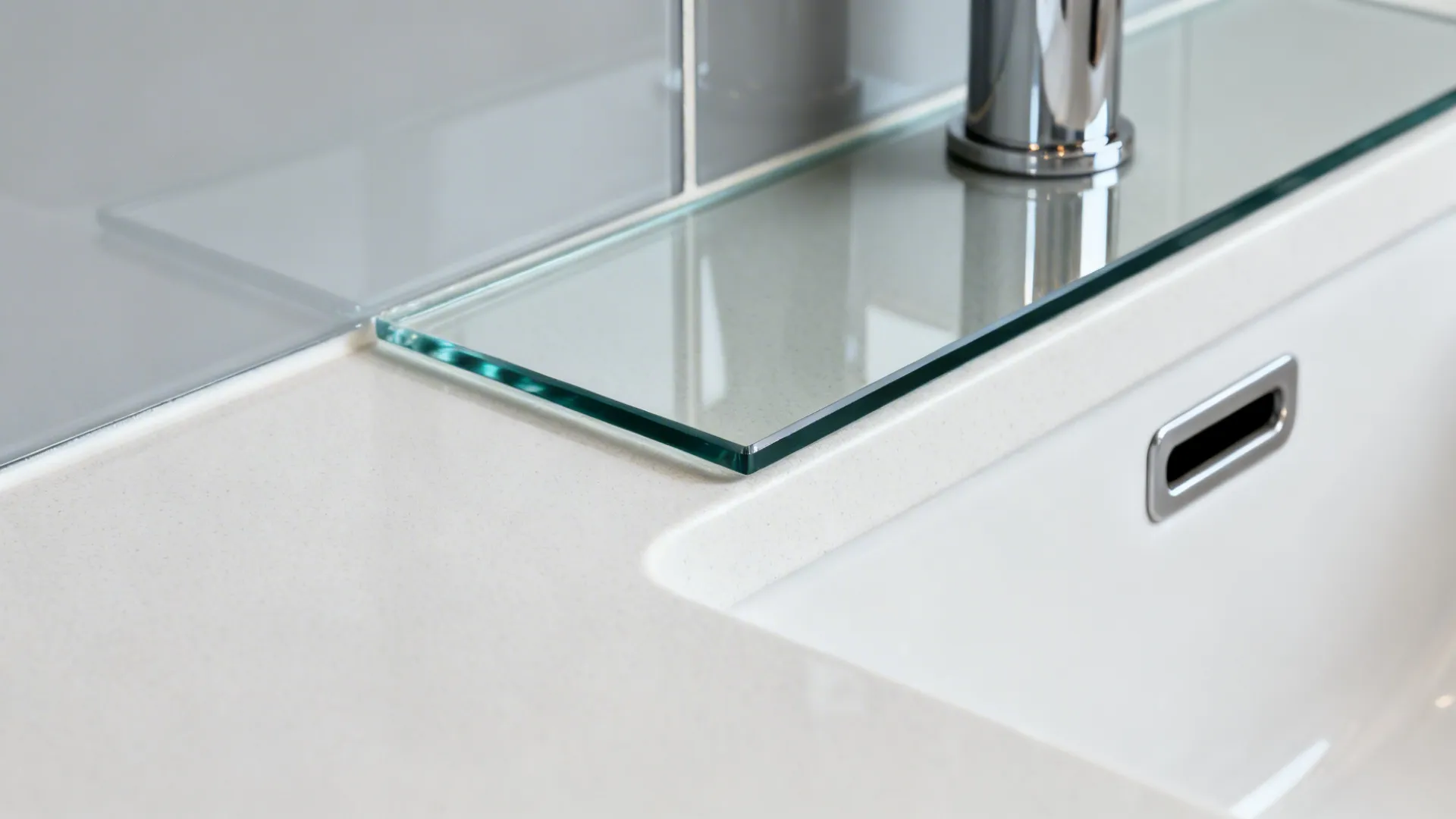 Close-up of a polished tempered glass backsplash with precise outlet cutout.
