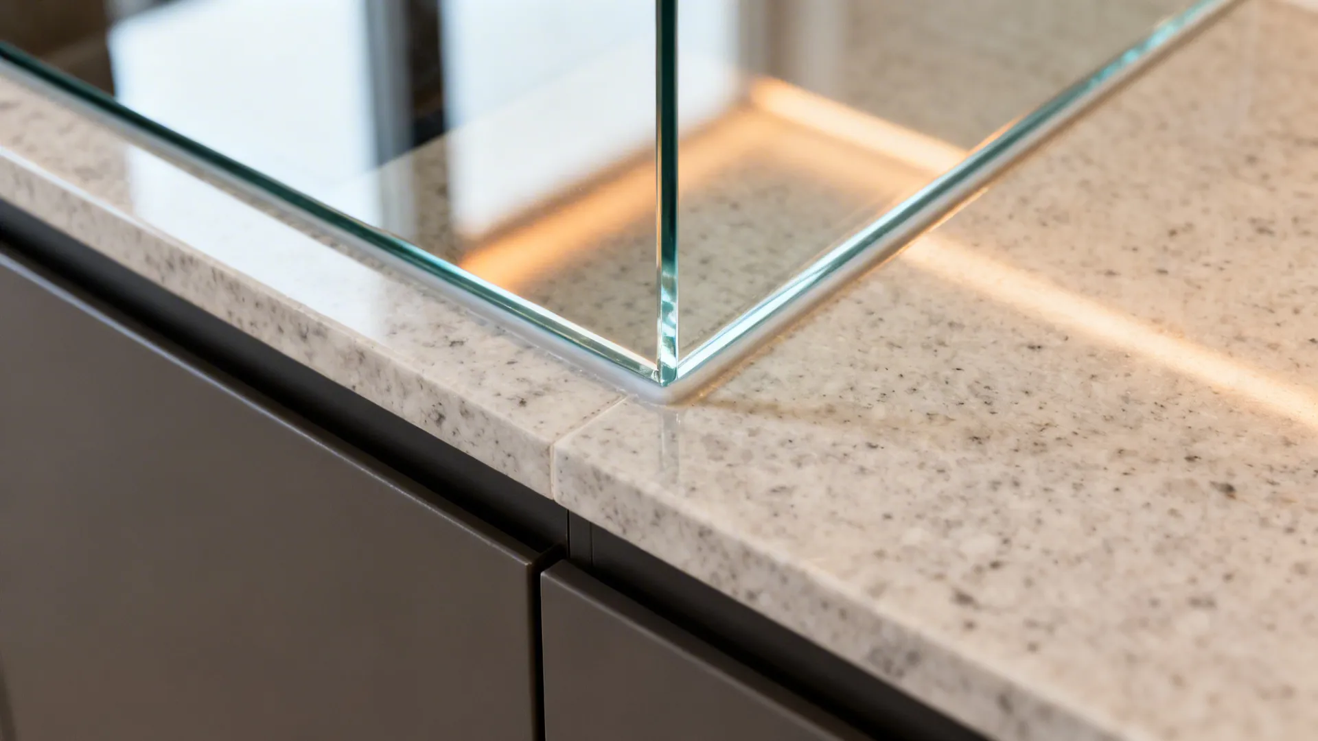 Close-up of low-iron tempered glass backsplash edge aligned cleanly with a quartz countertop.