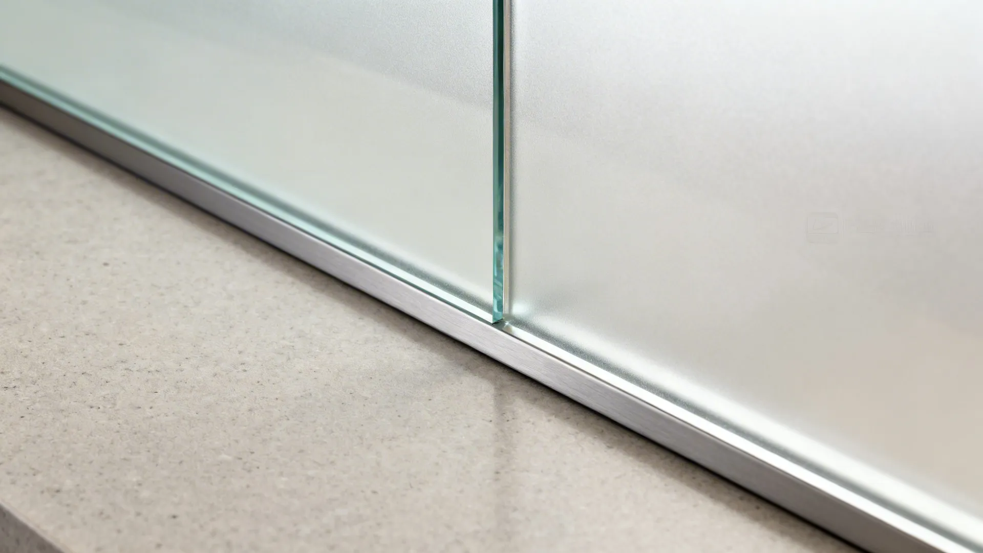 Close-up of satin-etched glass backsplash meeting matte quartz counter.