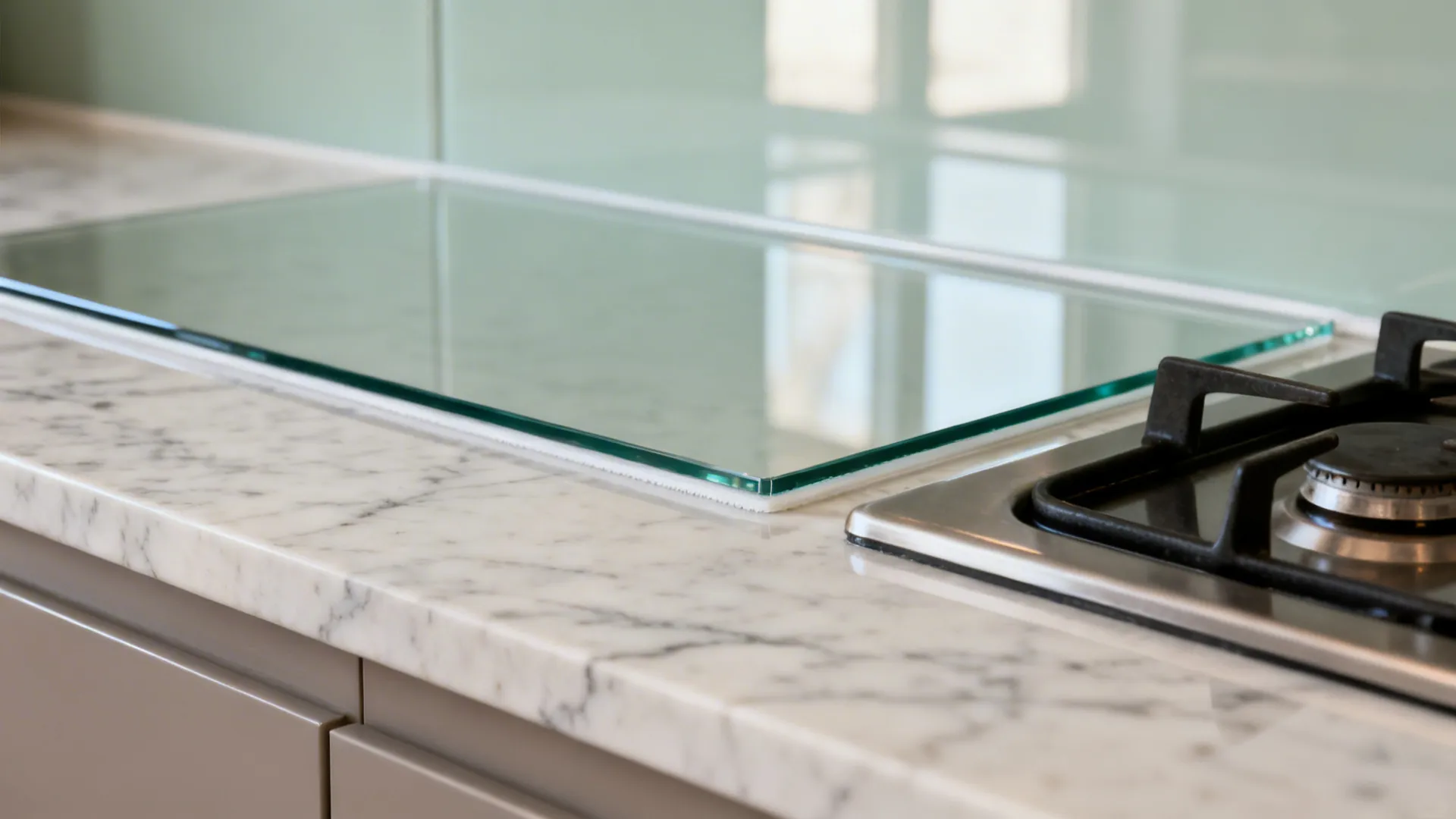Macro of tempered glass backsplash with clean silicone seal and pale sage back paint near a cooktop.