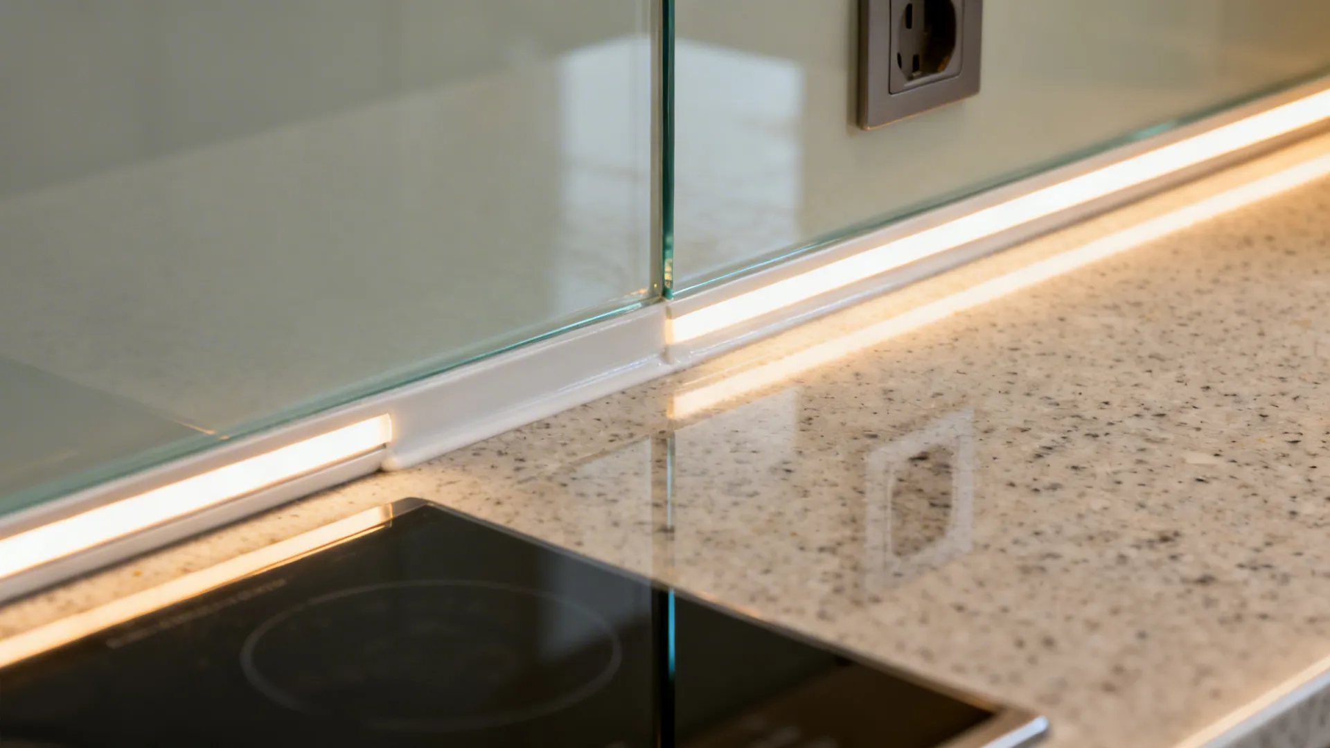 Close up of a kitchen light strip installed along the edge of a glass wall