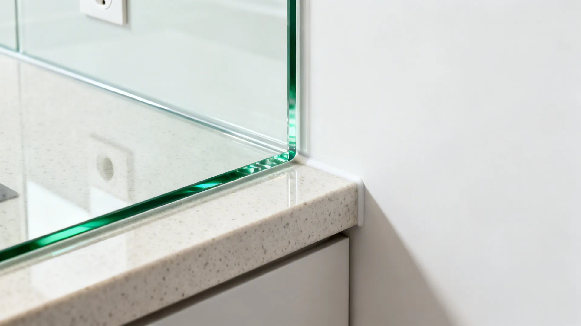 Close-up of polished low-iron glass backsplash edge aligned with a light quartz countertop.