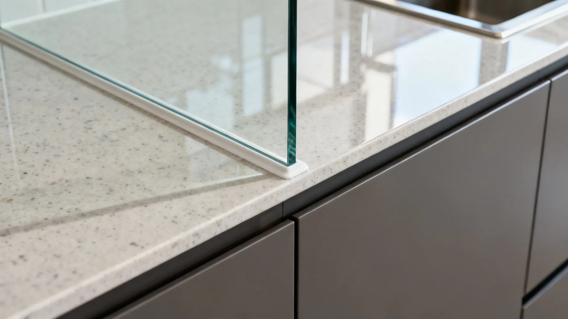 Close-up of a low-iron glass backsplash edge meeting quartz and matte cabinetry with precise finishing.