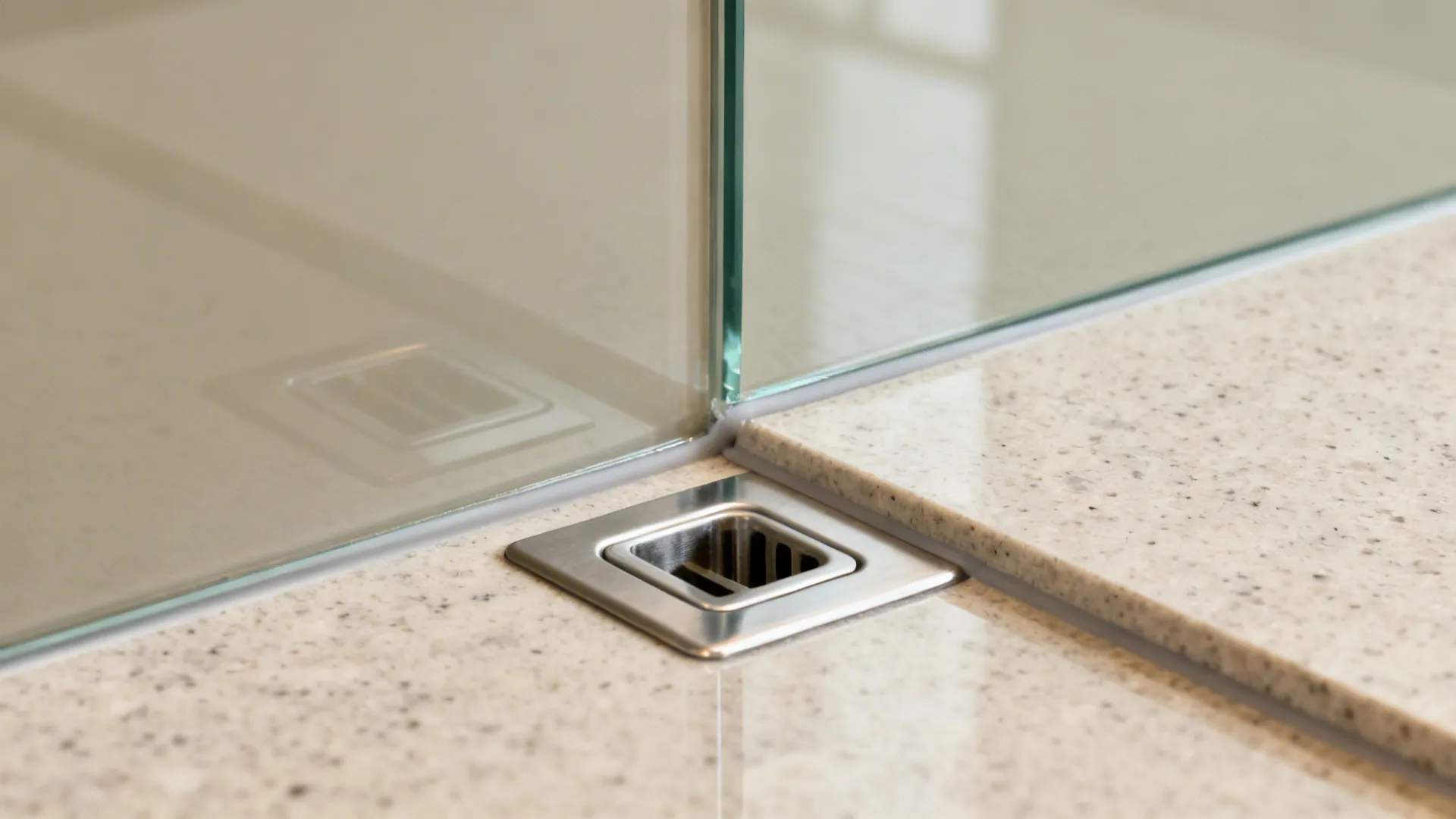 Close-up of low-iron glass backsplash edge aligned with quartz countertop and neat joint.