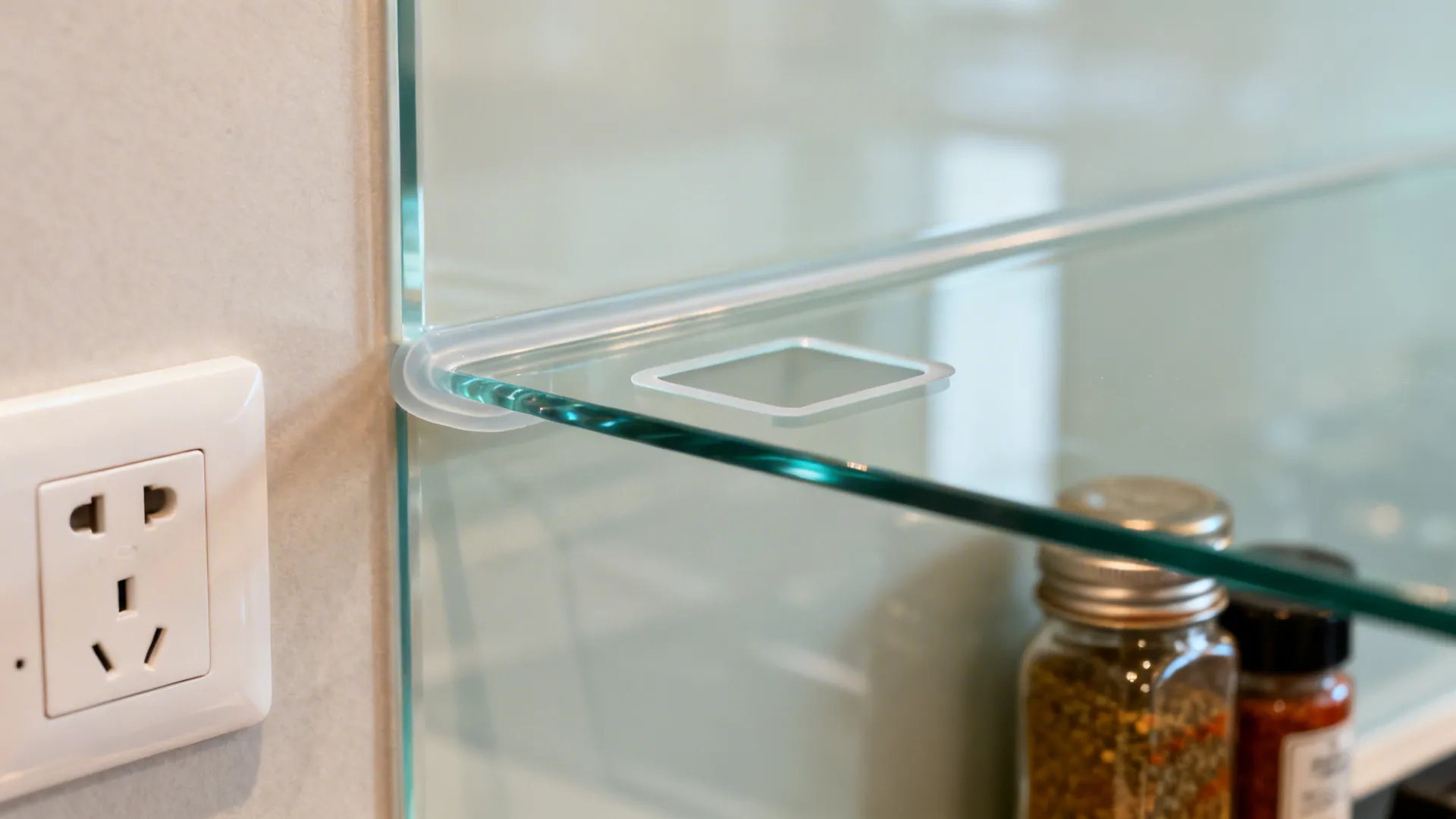 Close-up of a low-iron glass backsplash with a precise socket cutout and clean seal.