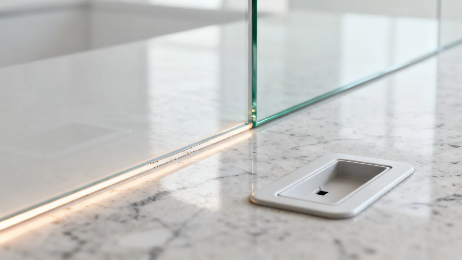 Close-up of a low-iron glass backsplash edge and quartz counter with clean sealant line.