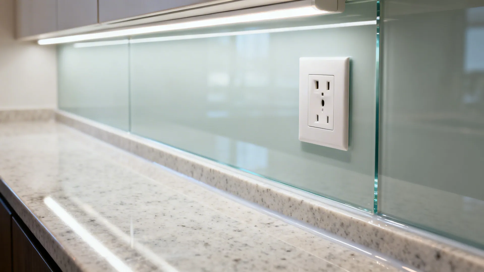 Close-up of a glass backsplash edge meeting a quartz countertop with clean detailing.