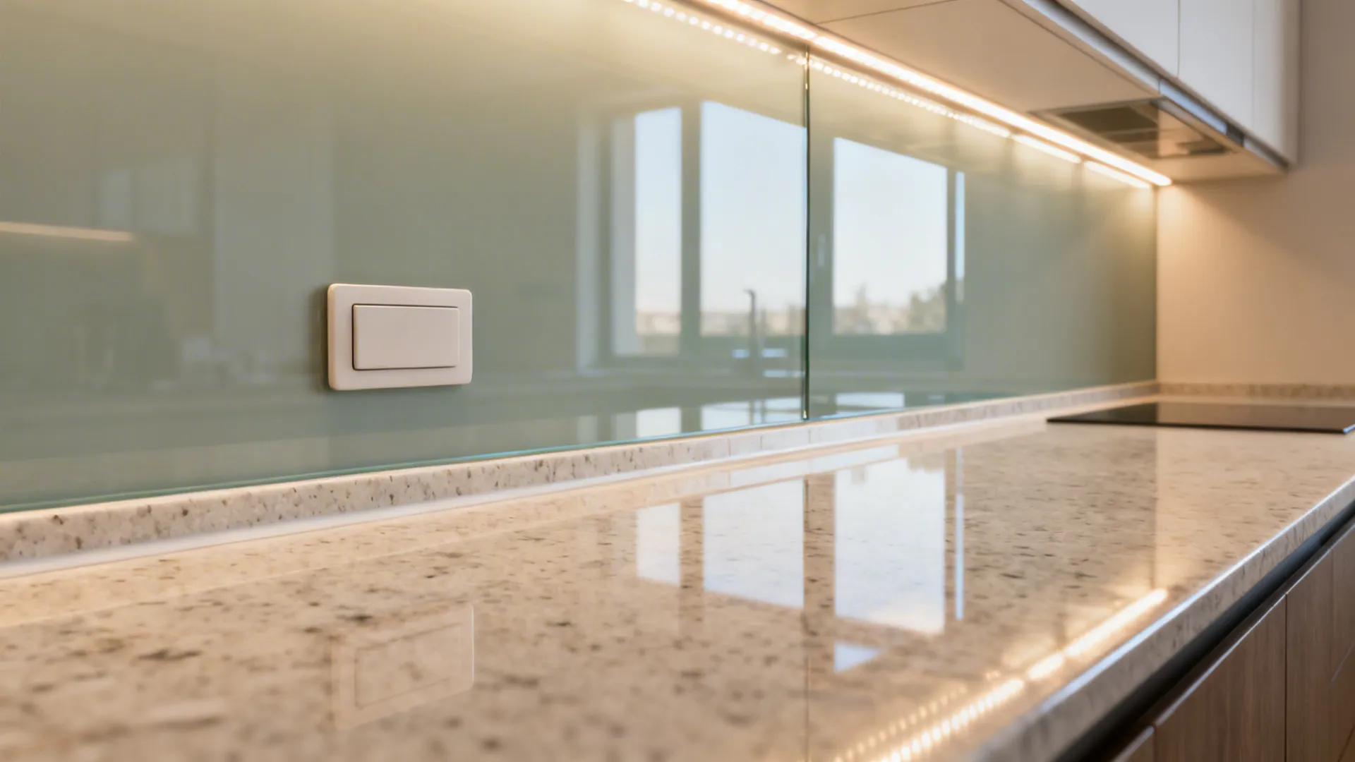 Macro of back-painted glass meeting quartz with a neat silicone seam and outlet cutout.