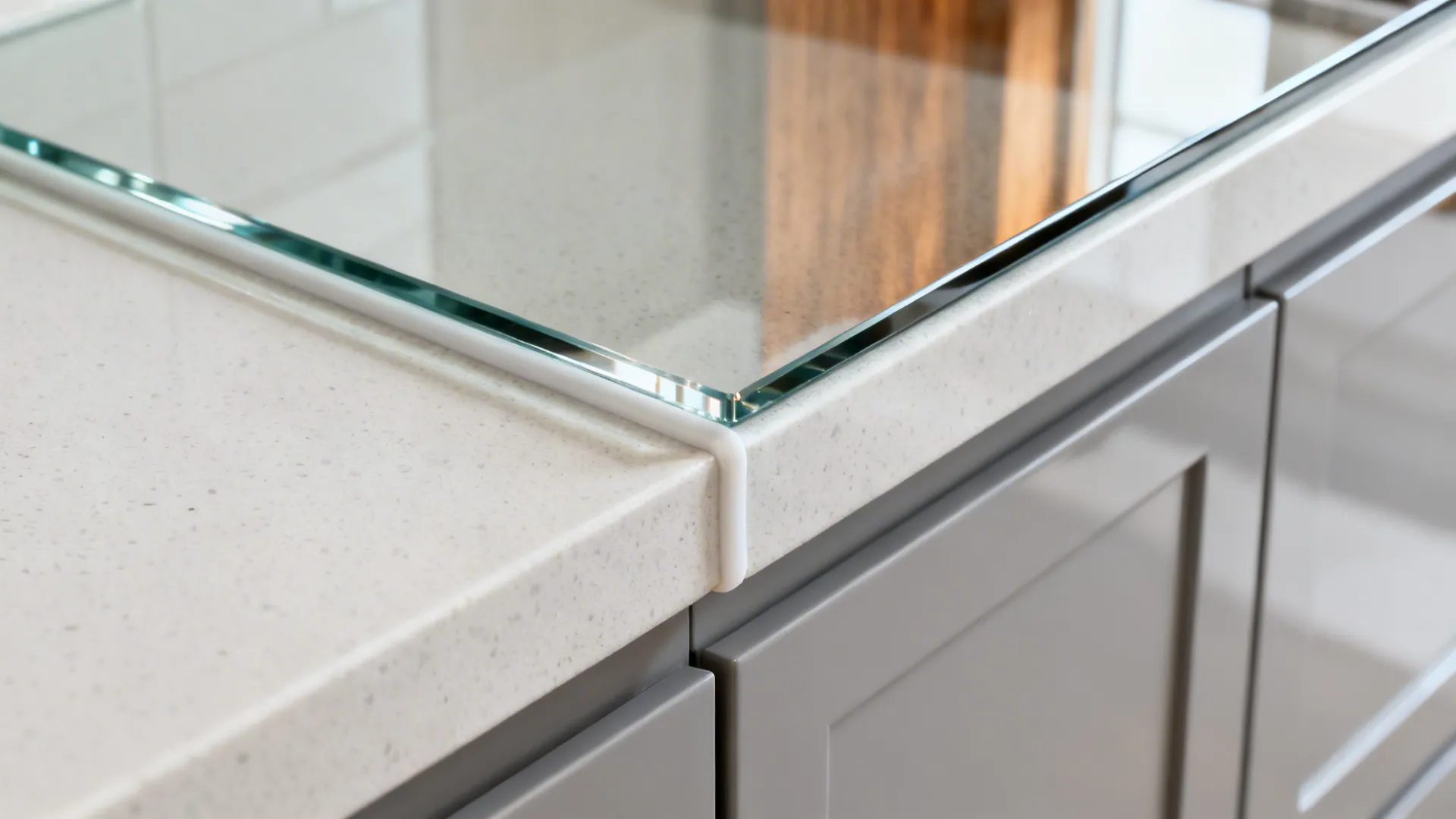 Macro detail of glass backsplash termination with clean silicone joint at countertop