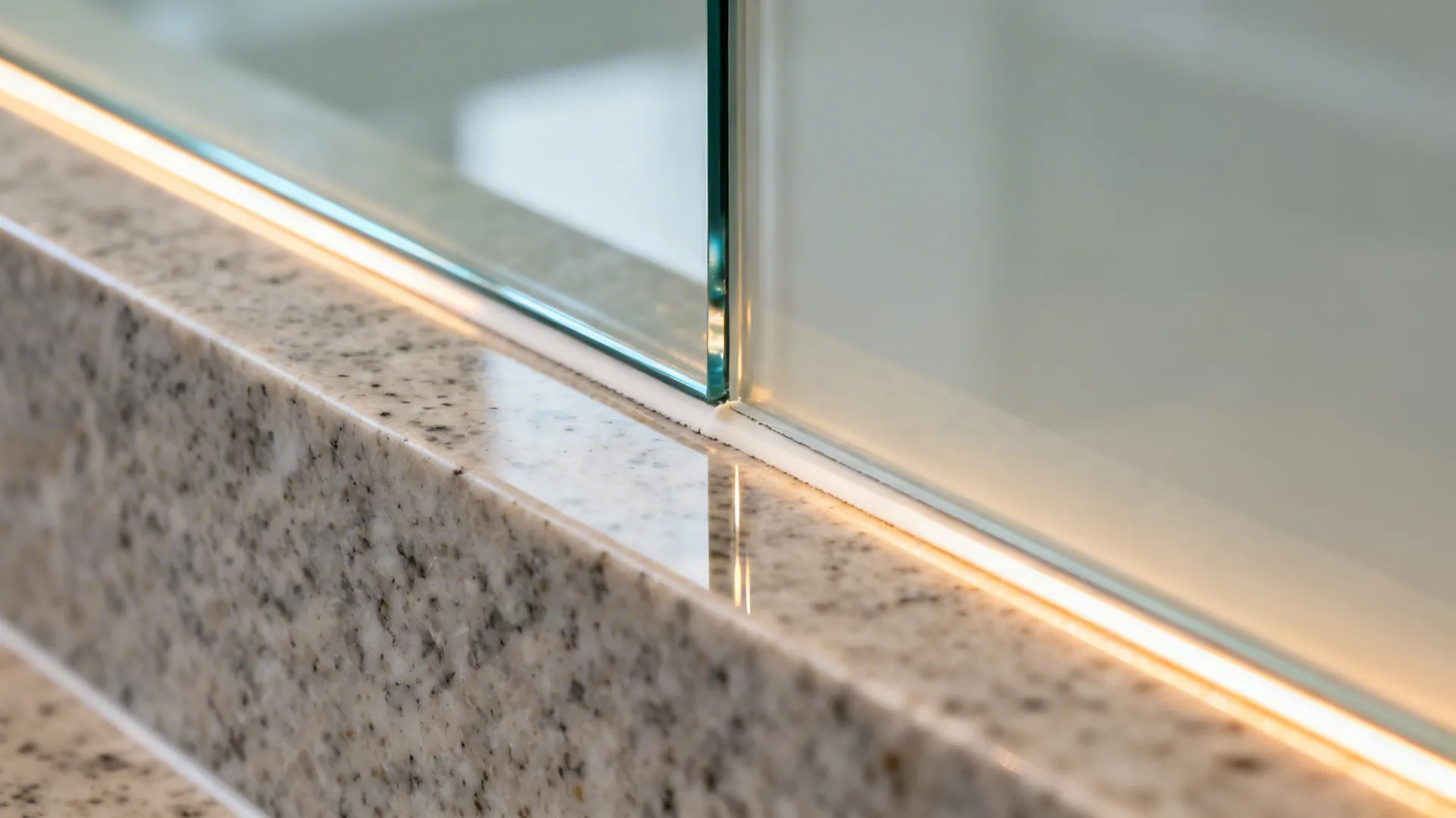 Macro detail of low-iron glass backsplash meeting quartz counter with clean seam.