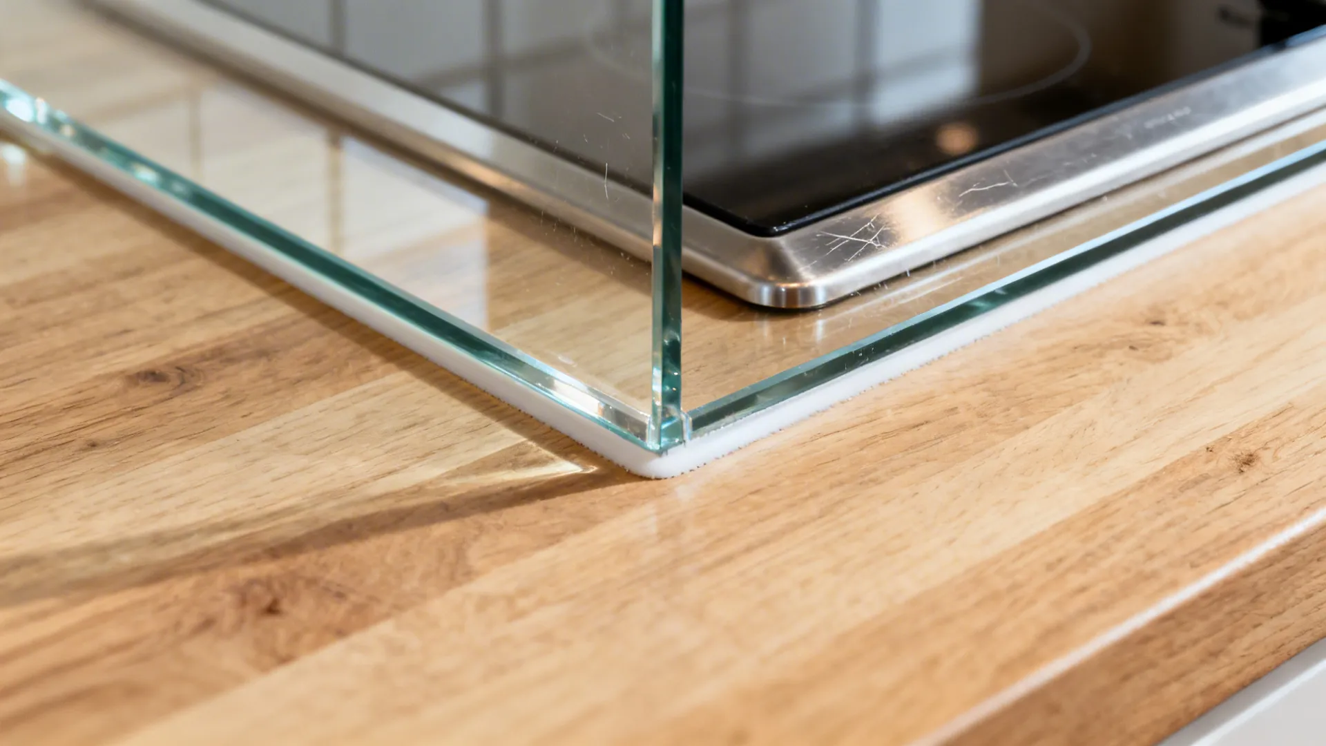 Close-up of low-iron tempered glass backsplash with polished edge and silicone seal.