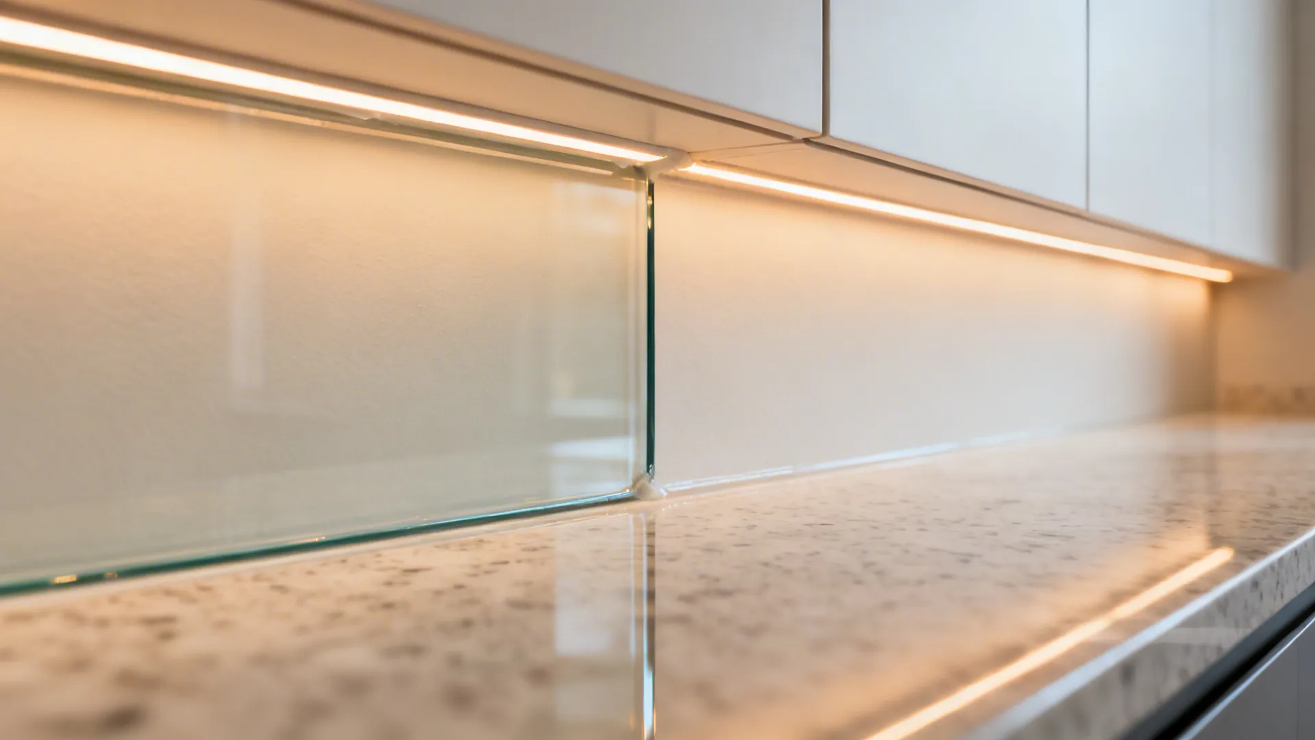 Close-up of low-iron glass backsplash edge with warm under-cabinet lighting.