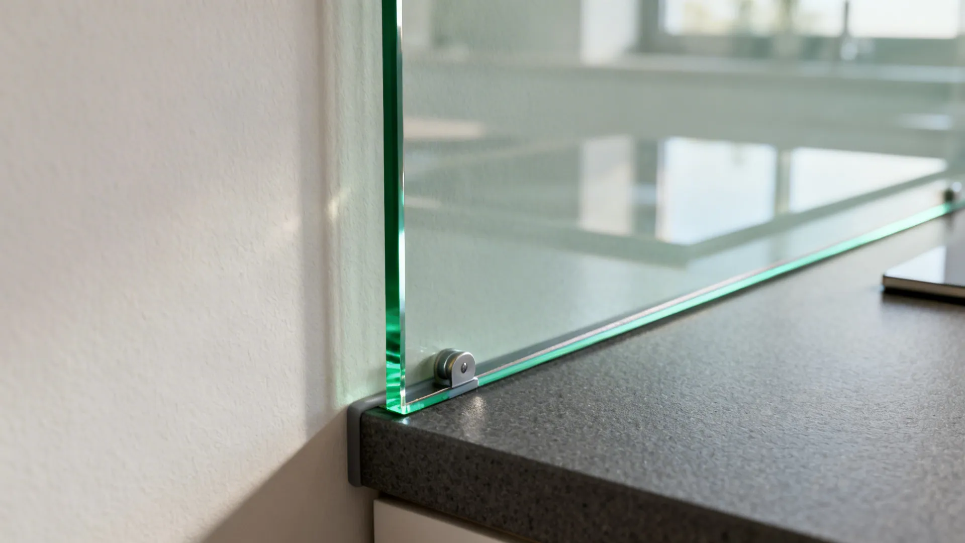 Macro edge of low-iron tempered glass backsplash with clean standoff and sealant.