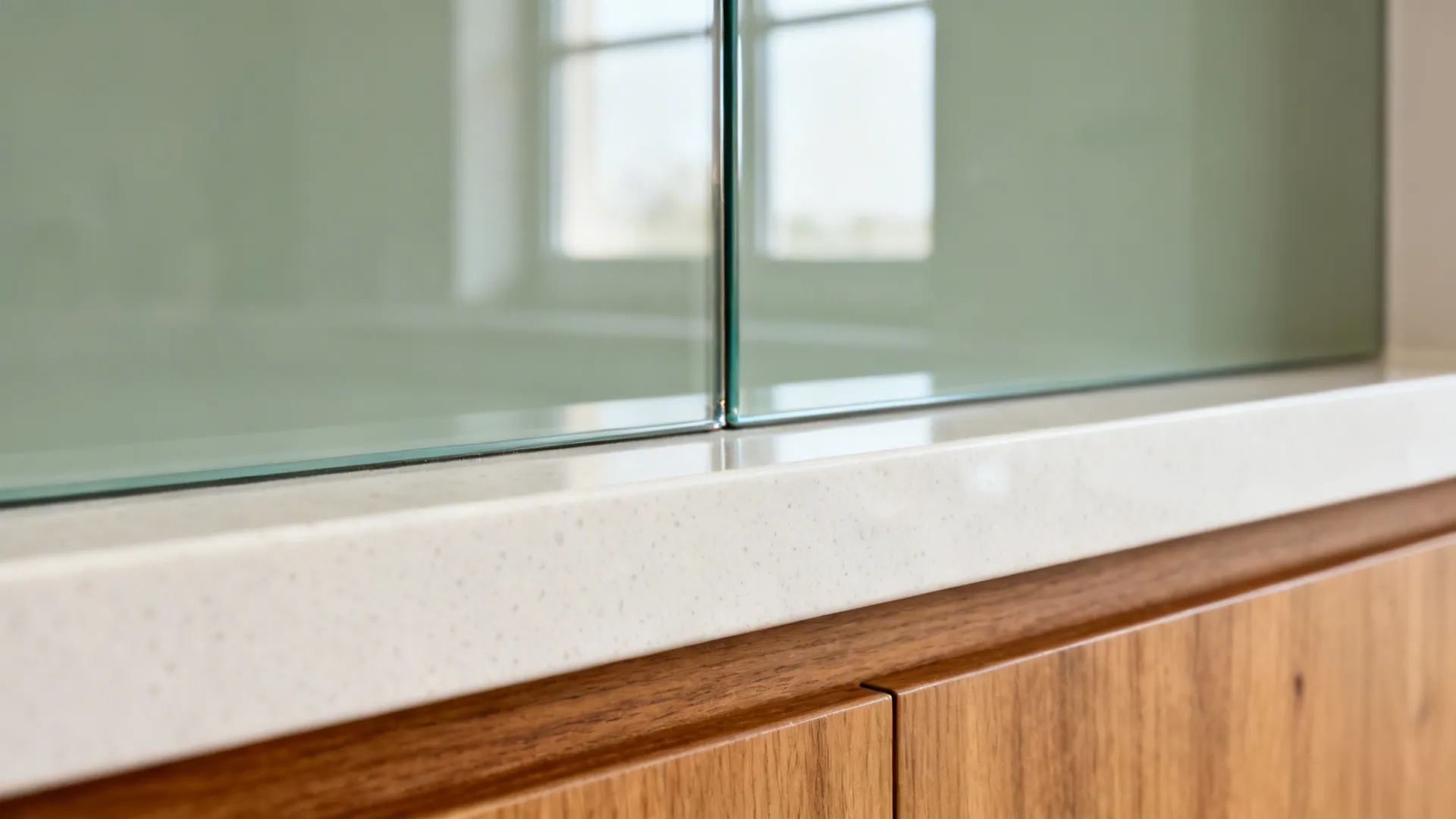 Glass backsplash to bounce light and protect walls
