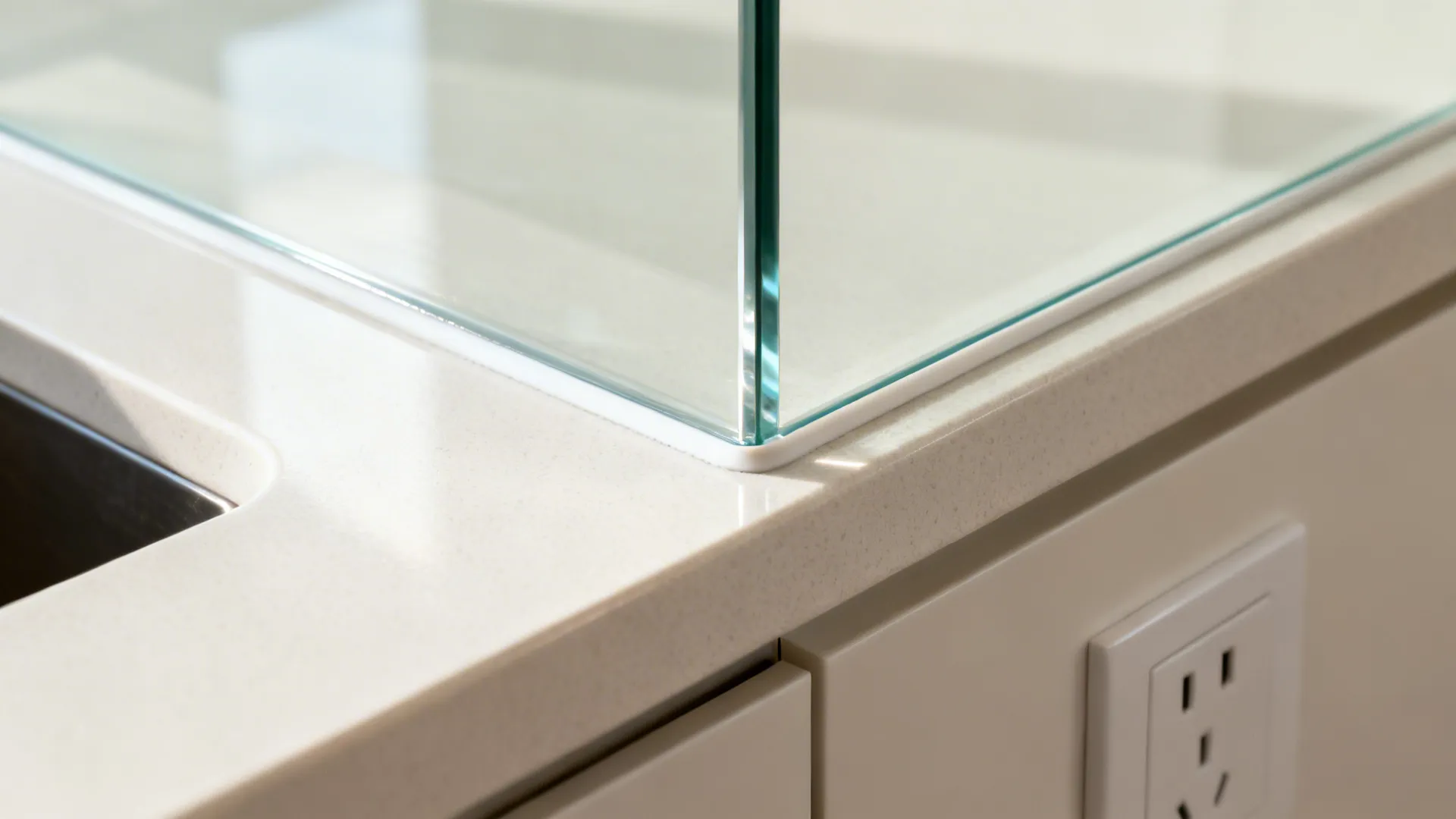 Close-up of tempered glass backsplash with precise outlet cut and polished edge.