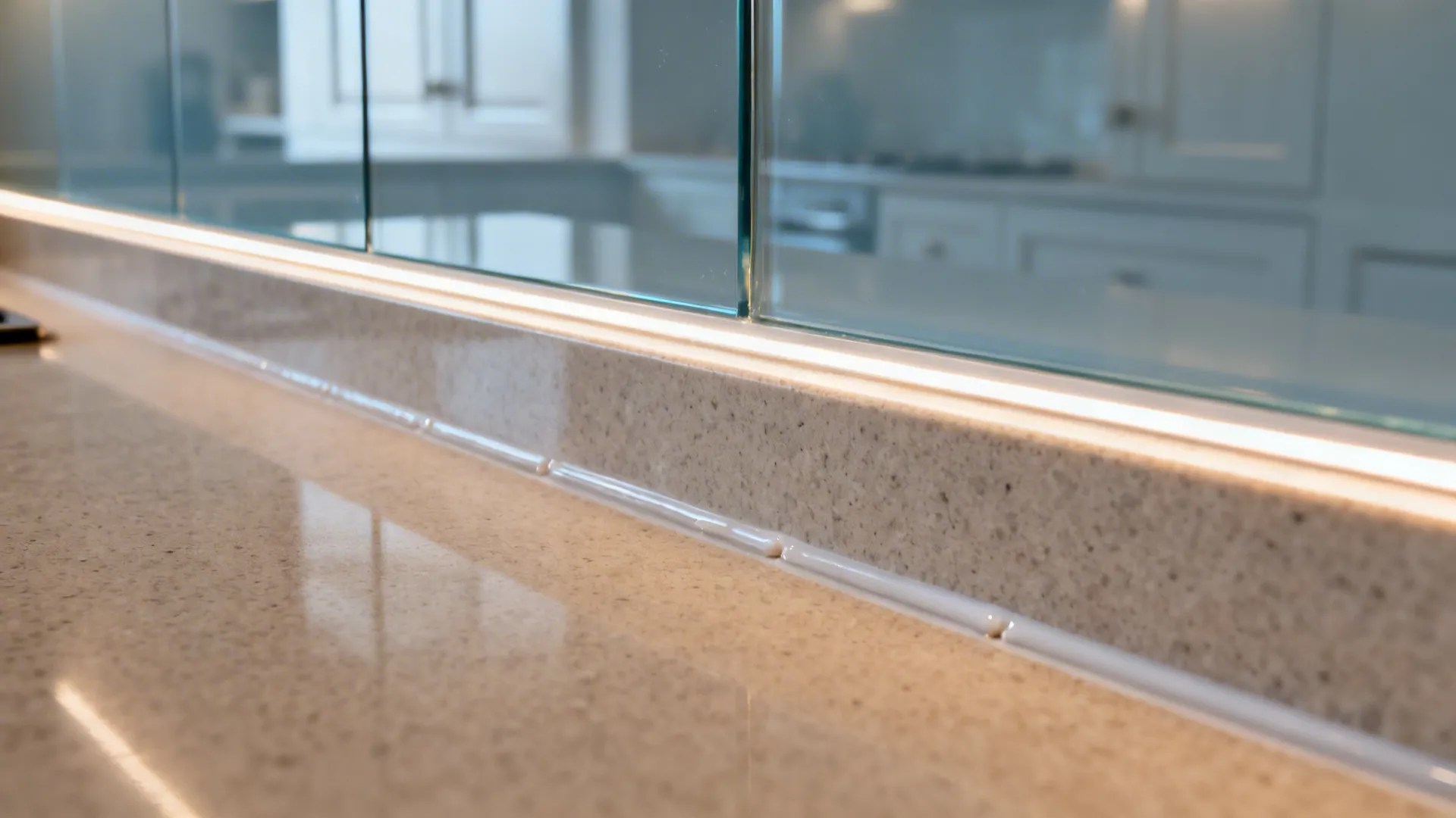 Close up of stone kitchen countertop meeting glass wall panel with an integrated light strip