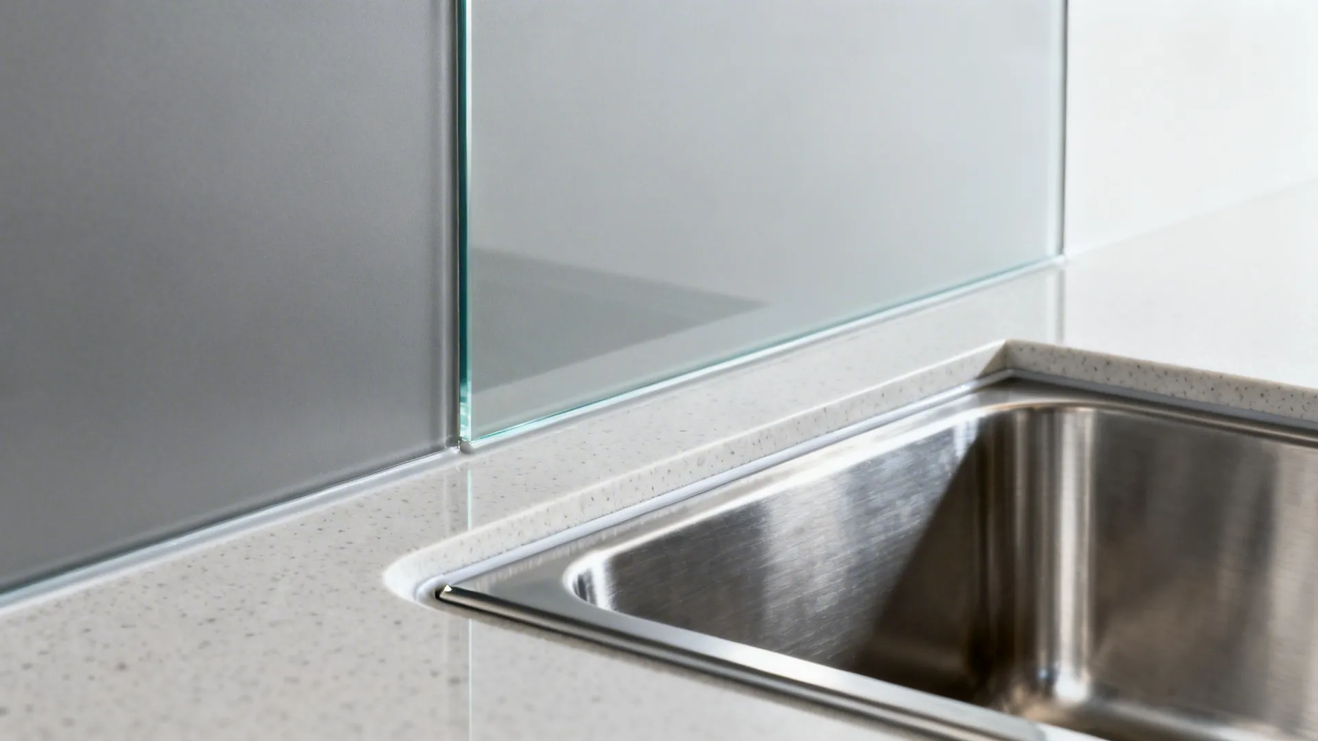 Macro detail of low-iron glass backsplash meeting a slim quartz counter and undermount sink.