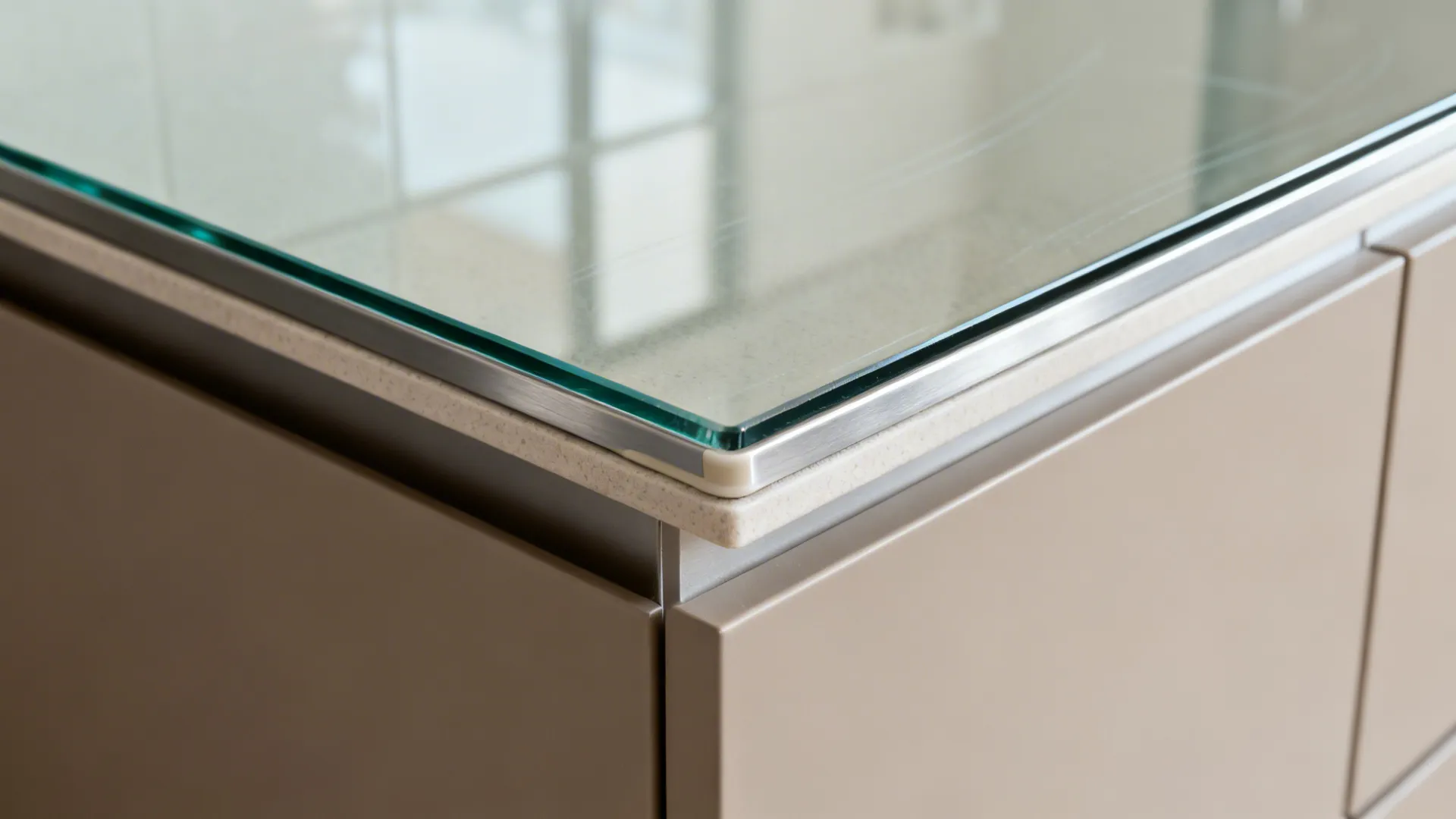 Close-up of tempered glass backsplash edge with aluminum trim and silicone joint.
