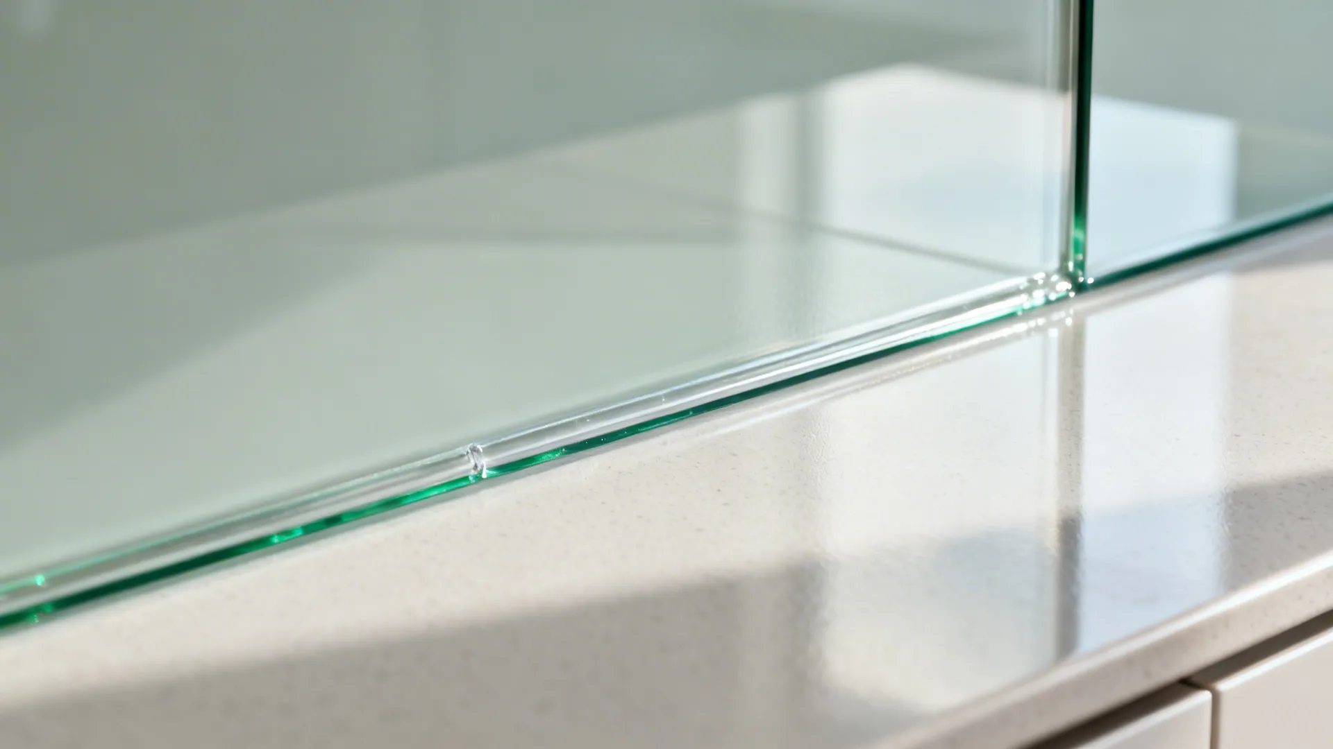 Macro of low-iron glass backsplash edge with clear silicone and satin back-paint finish.