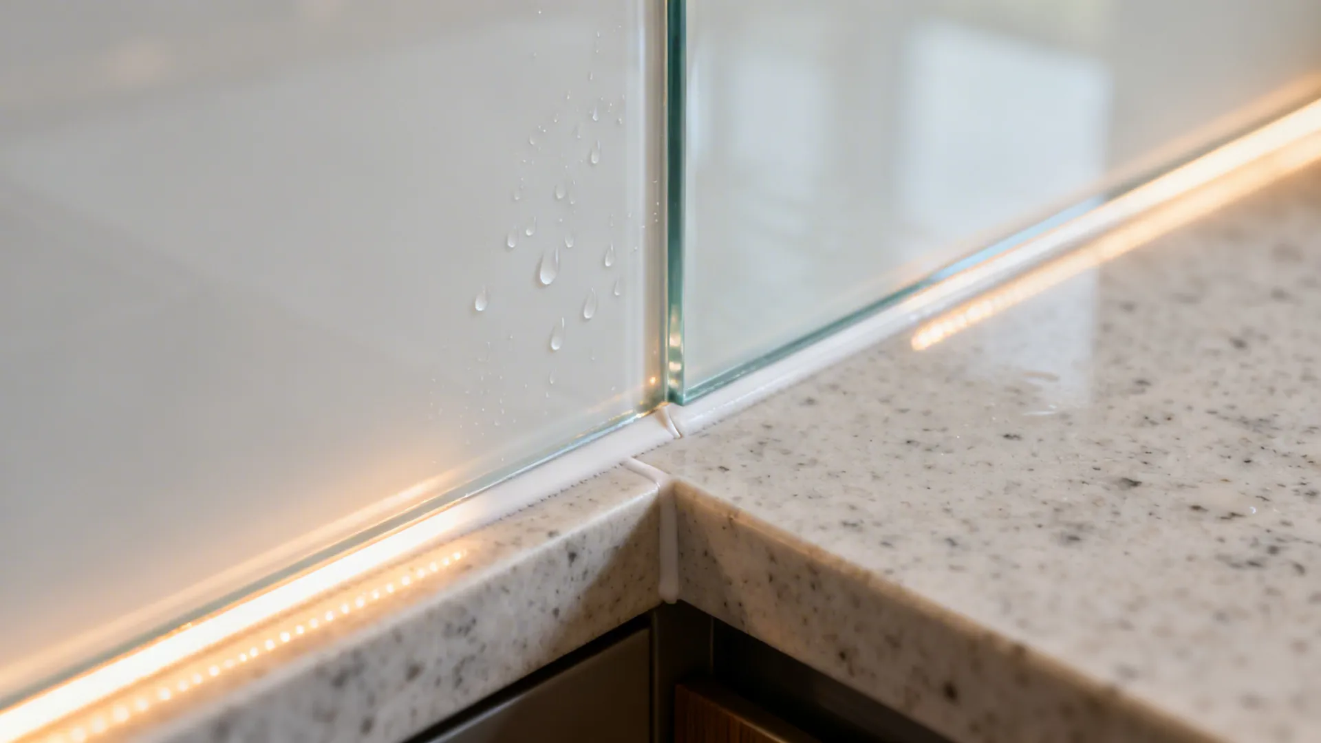 Macro of back-painted tempered glass meeting quartz with a clean joint and warm reflections.