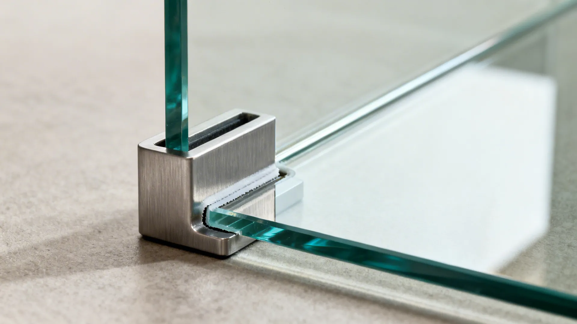 Close up view of a metal corner connector holding two glass panels on a grey surface