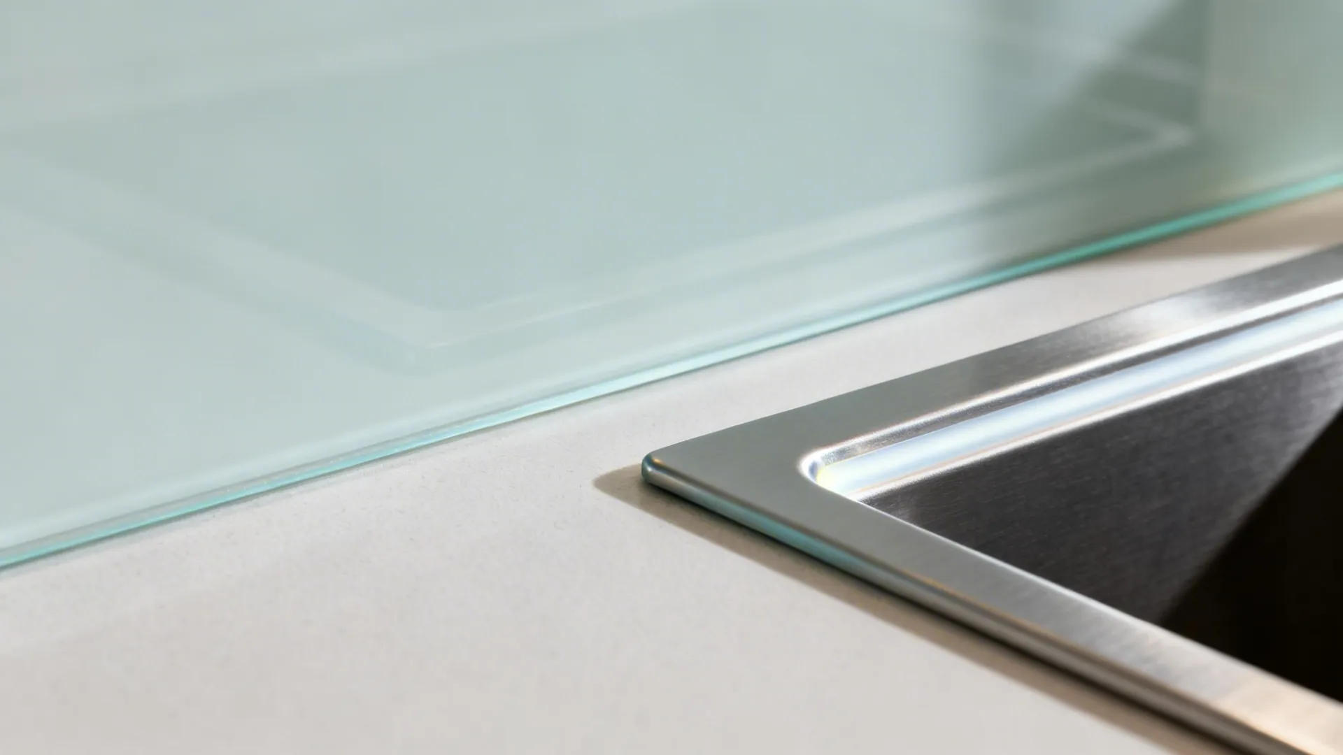 Close-up of a back-painted glass edge and niche joint with soft LED diffusion in a kitchen corner.