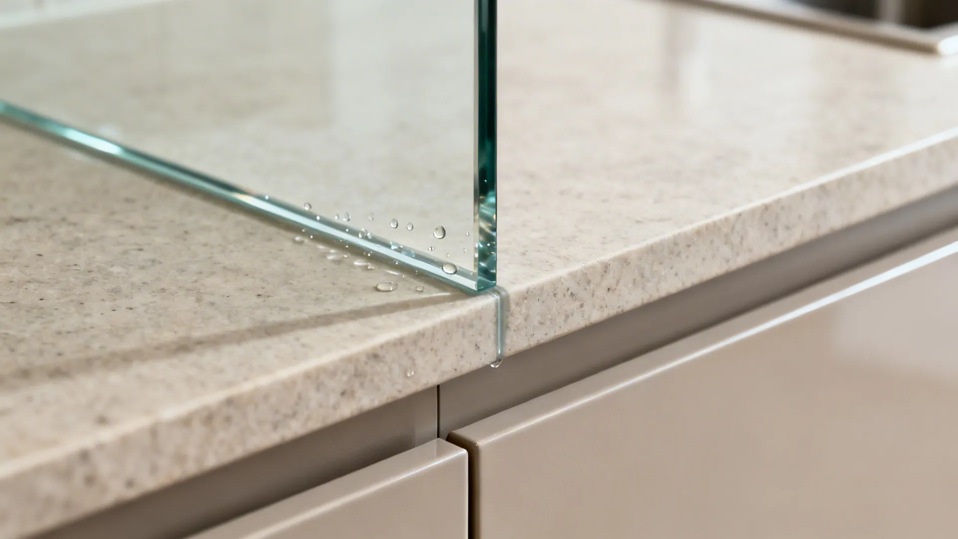Close-up of a low-iron glass backsplash meeting a stone countertop and gloss cabinet.
