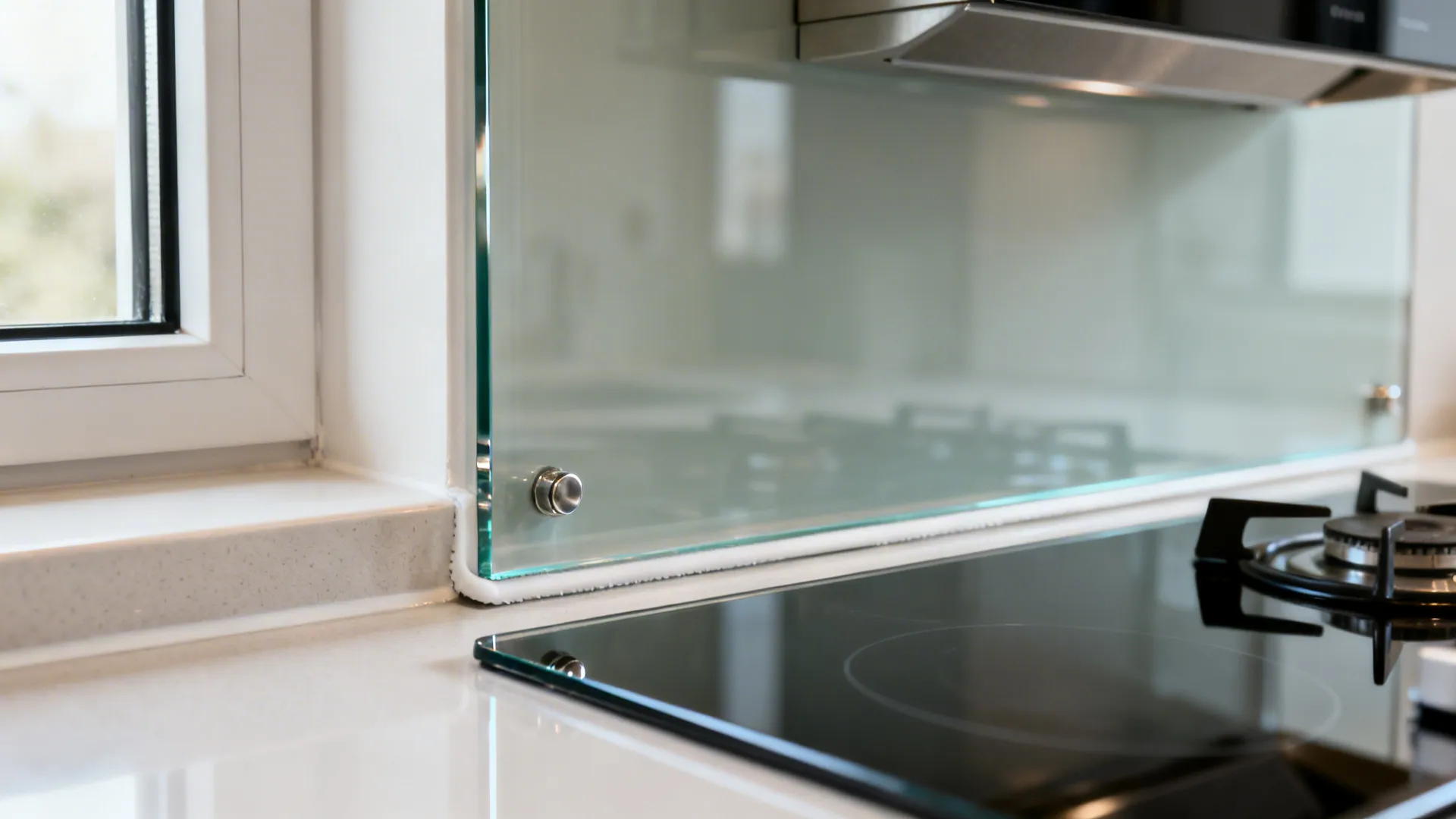 Close-up of low-iron tempered glass backsplash with clean edge sealing.
