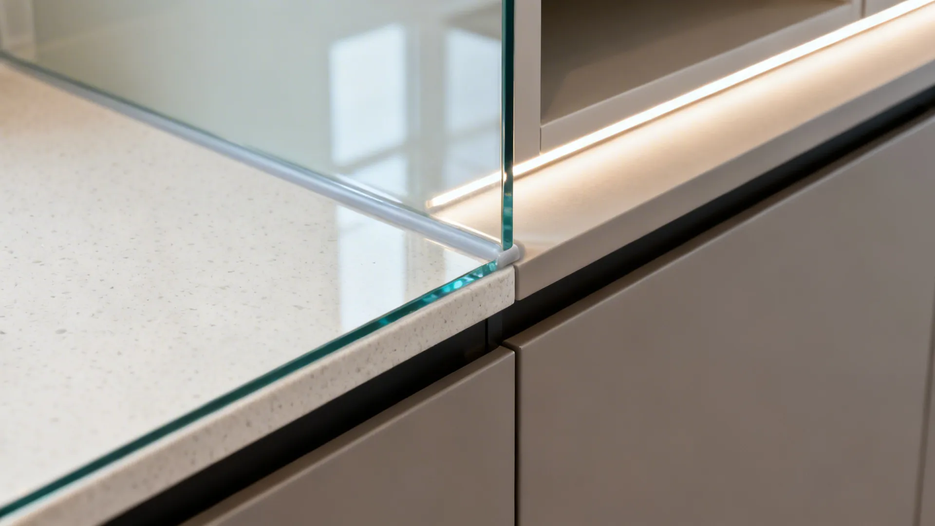 Macro of low-iron glass backsplash edge with clean sealing and subtle reflections.