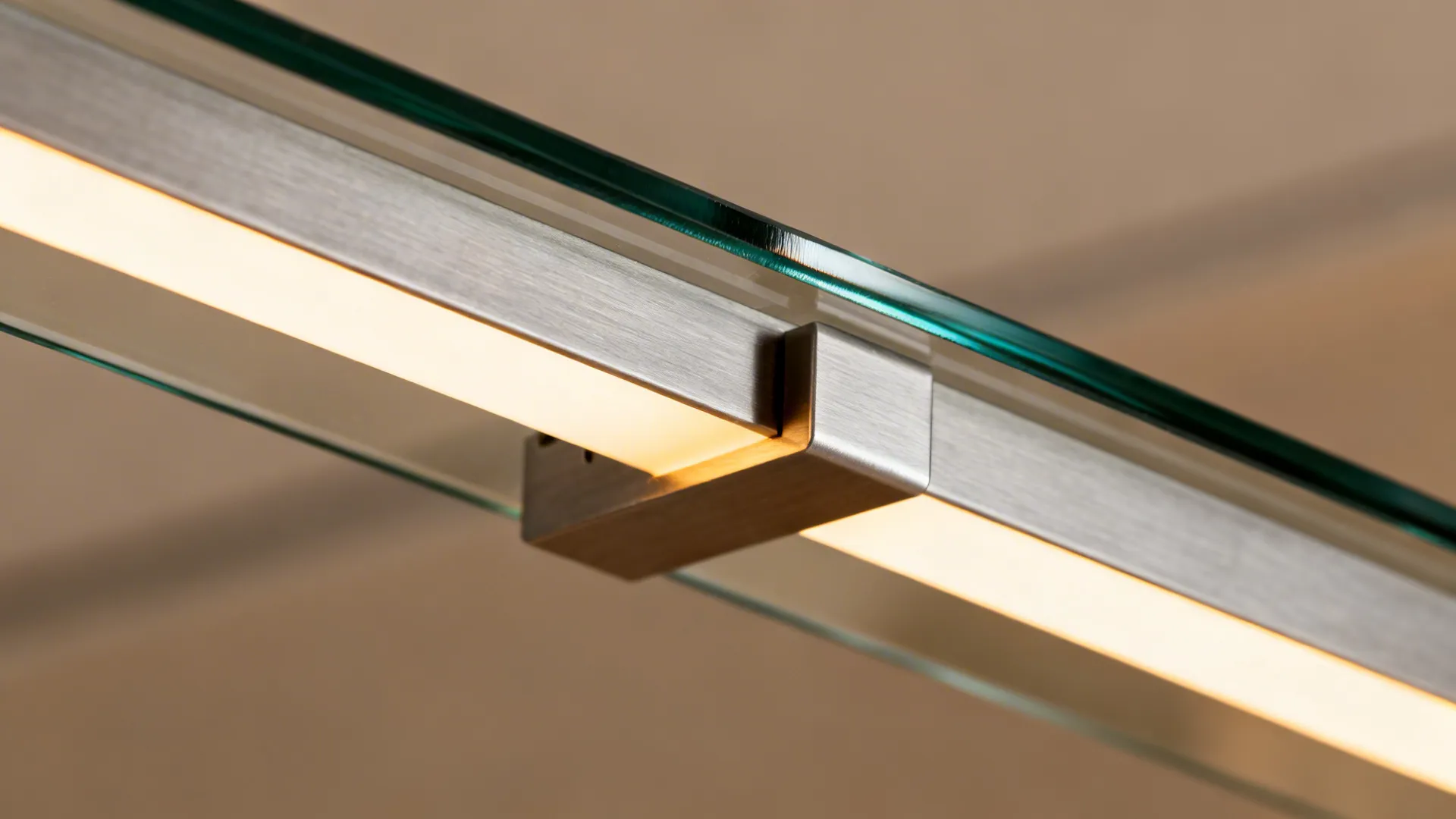 Macro of tempered glass hood edge and LED strip in a stainless bracket.