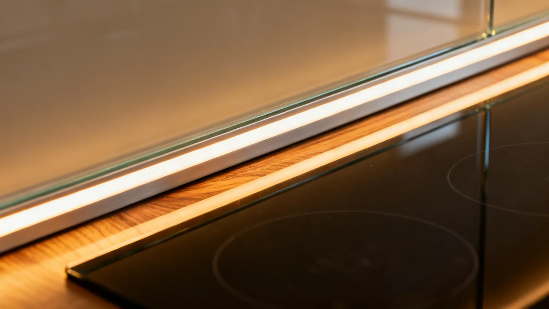 Kitchen countertop with warm light strip under glass edge beside a black glass stove surface