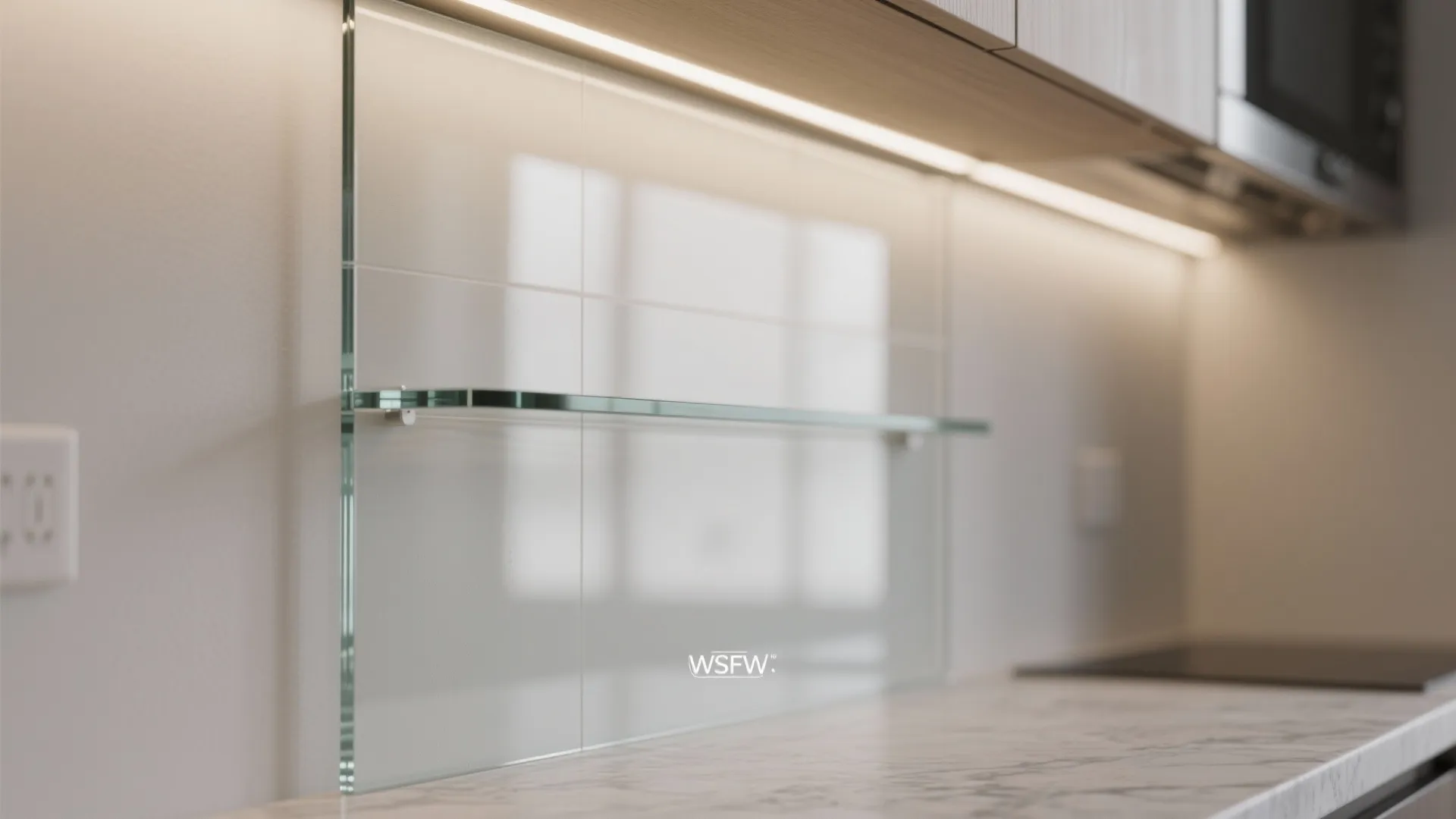 Macro of a low-iron glass backsplash edge with warm light and a crisp joint above the counter.