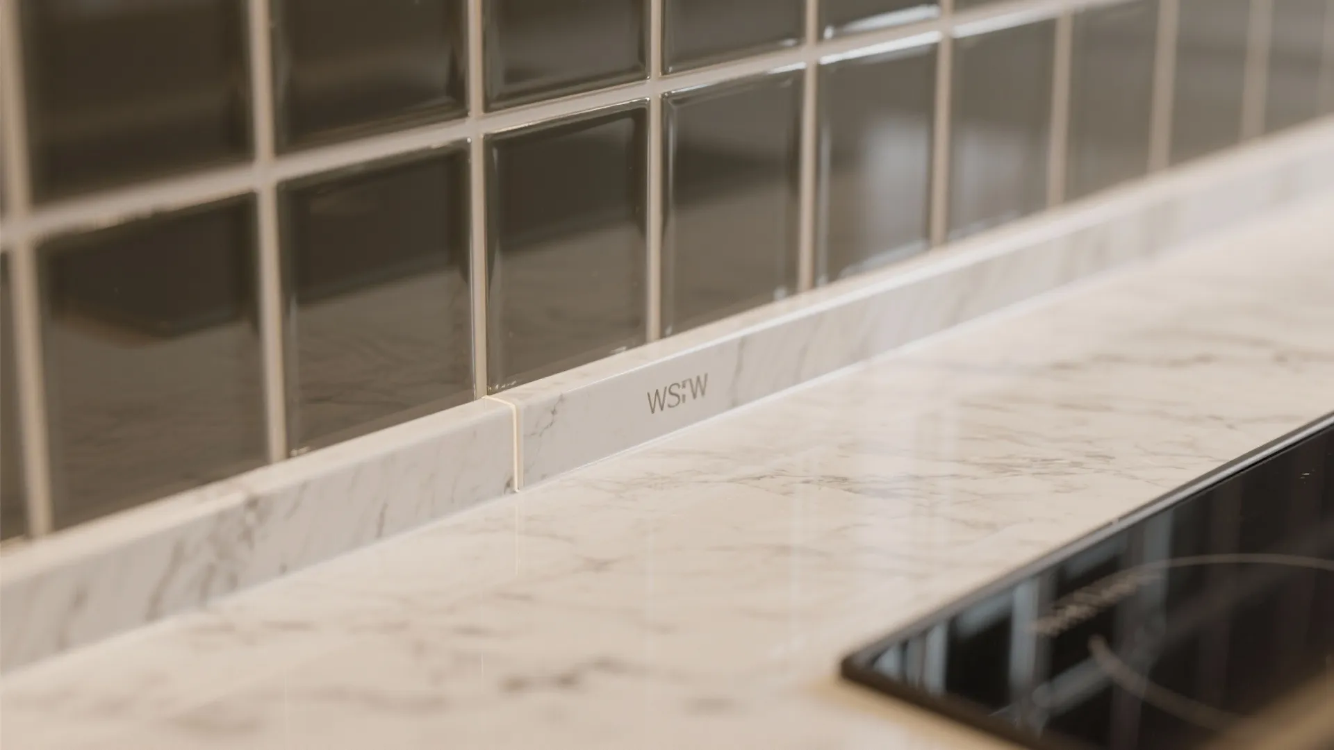 Close up view of white marble kitchen countertop edge with dark square wall tiles background