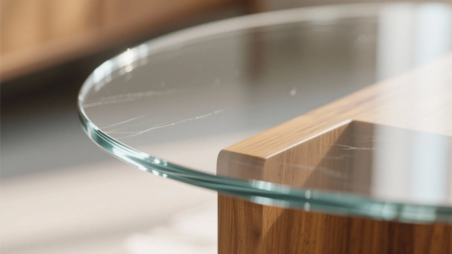 Close up view of clear round glass table top joined with light brown wood base