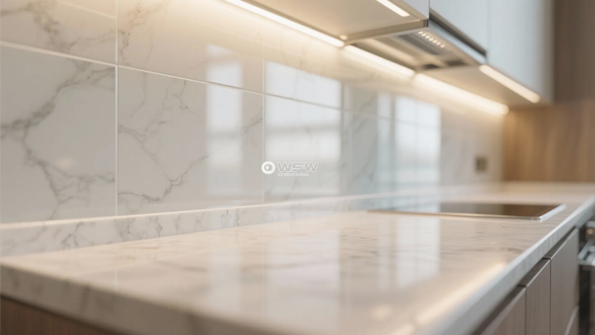 Glass backsplash and light-reflective finishes for lift and sparkle