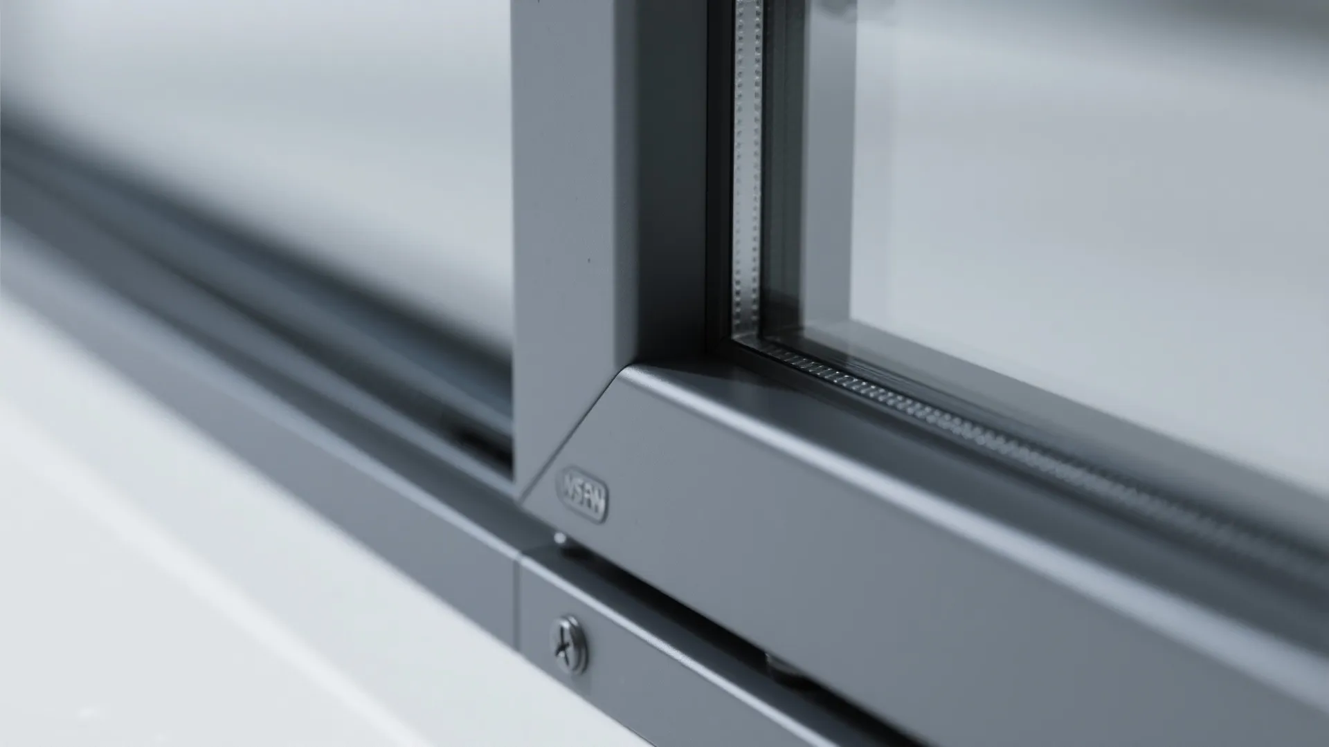 Macro view of laminated glass edge within a satin graphite aluminum frame and gasket.