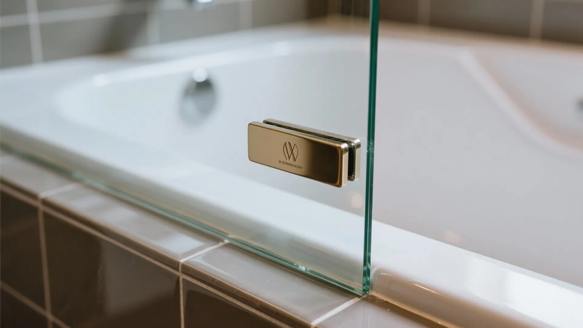 Macro of a low-iron tempered glass edge with minimal hardware next to a jacuzzi tub.