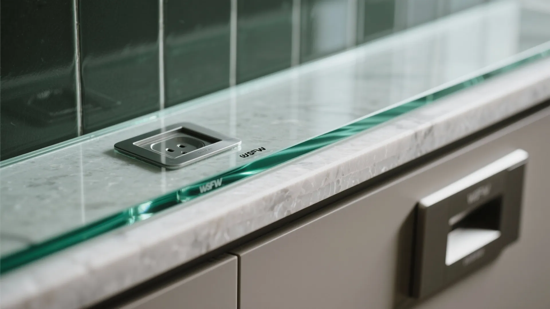 Detail of a marble kitchen countertop with a glass shelf and a modern electrical power outlet
