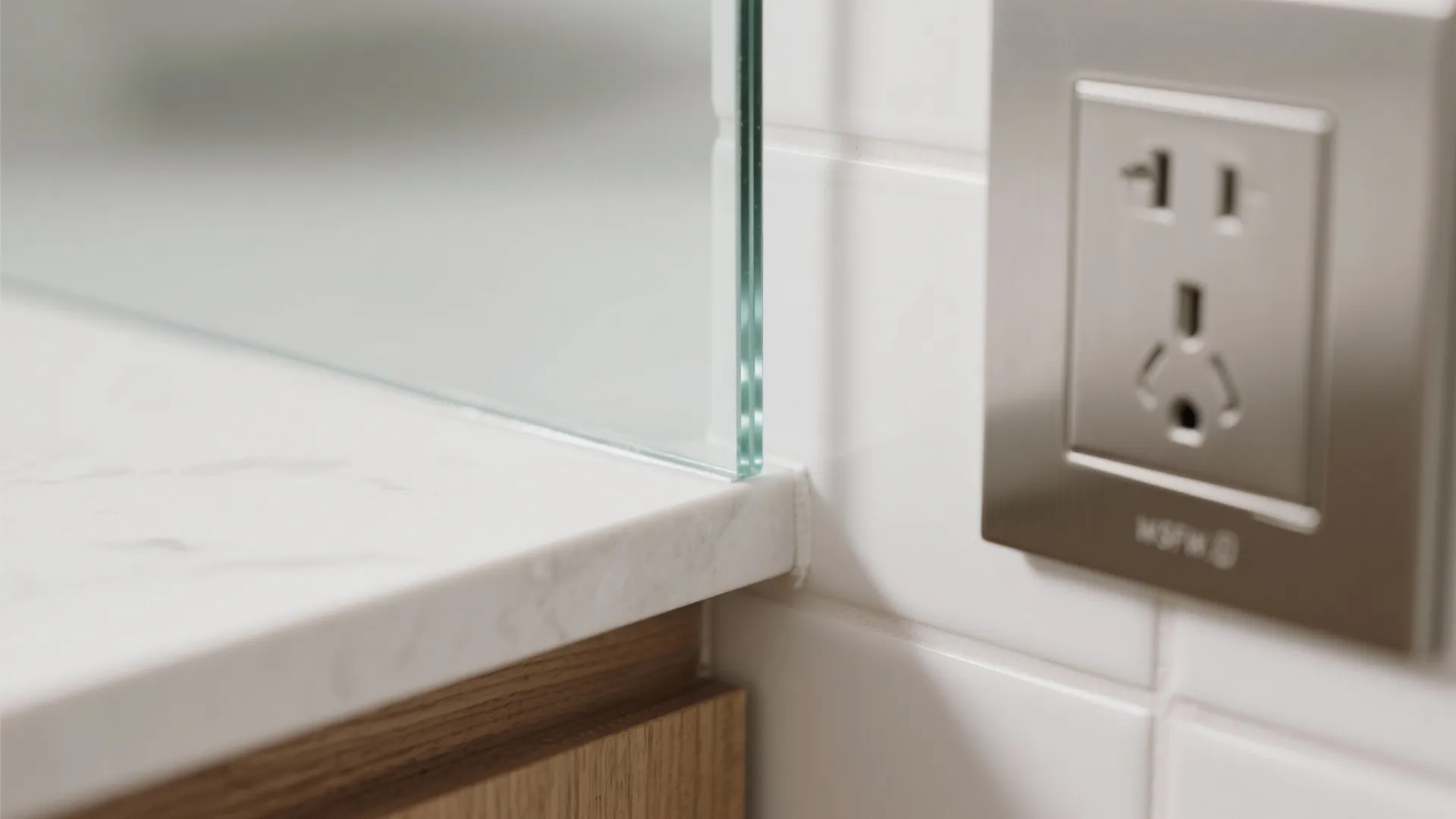 Close up of glass panel edge on white marble countertop next to metal power outlet