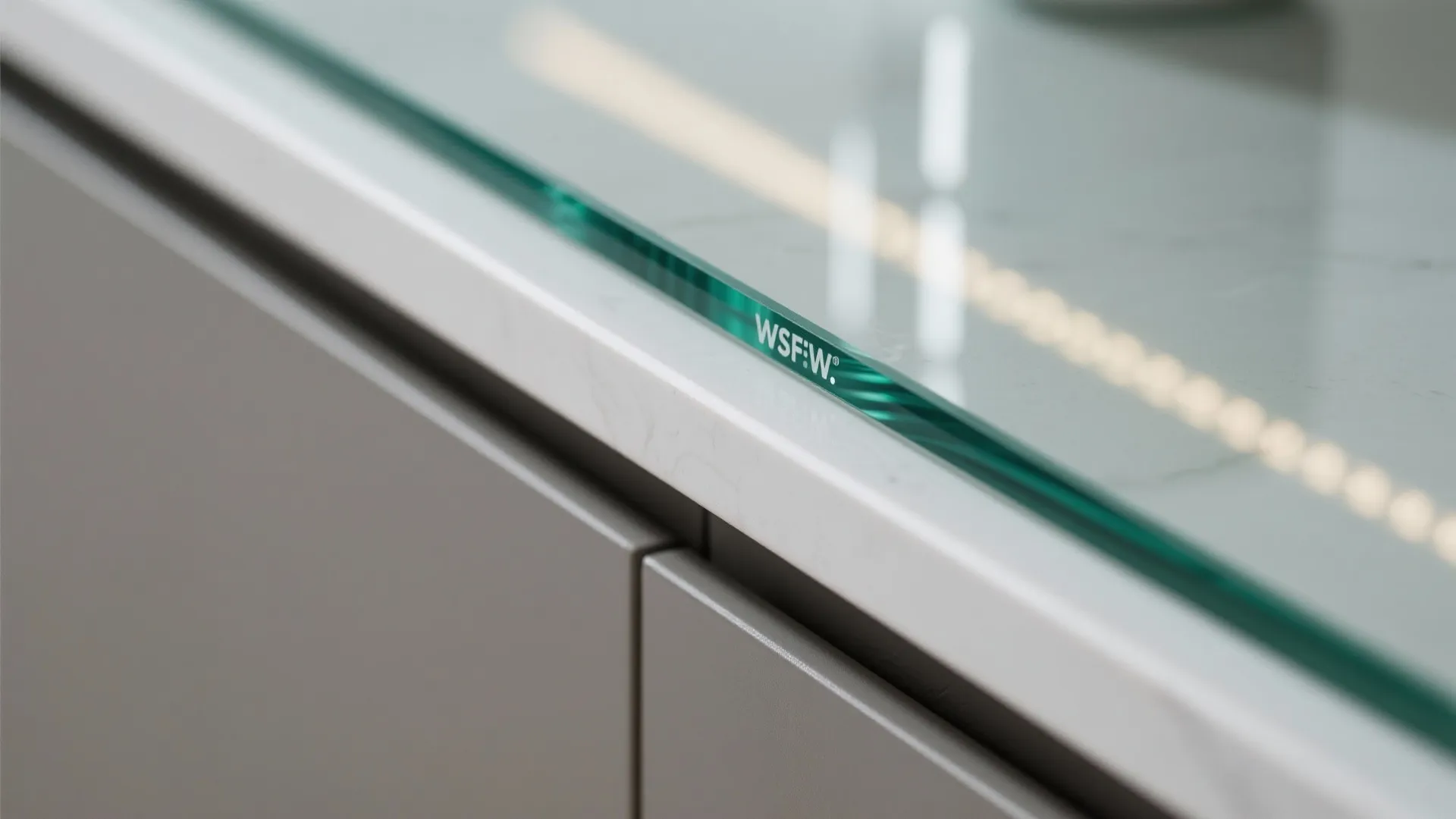 Macro view of thick glass countertop edge resting on white marble surface with light reflection