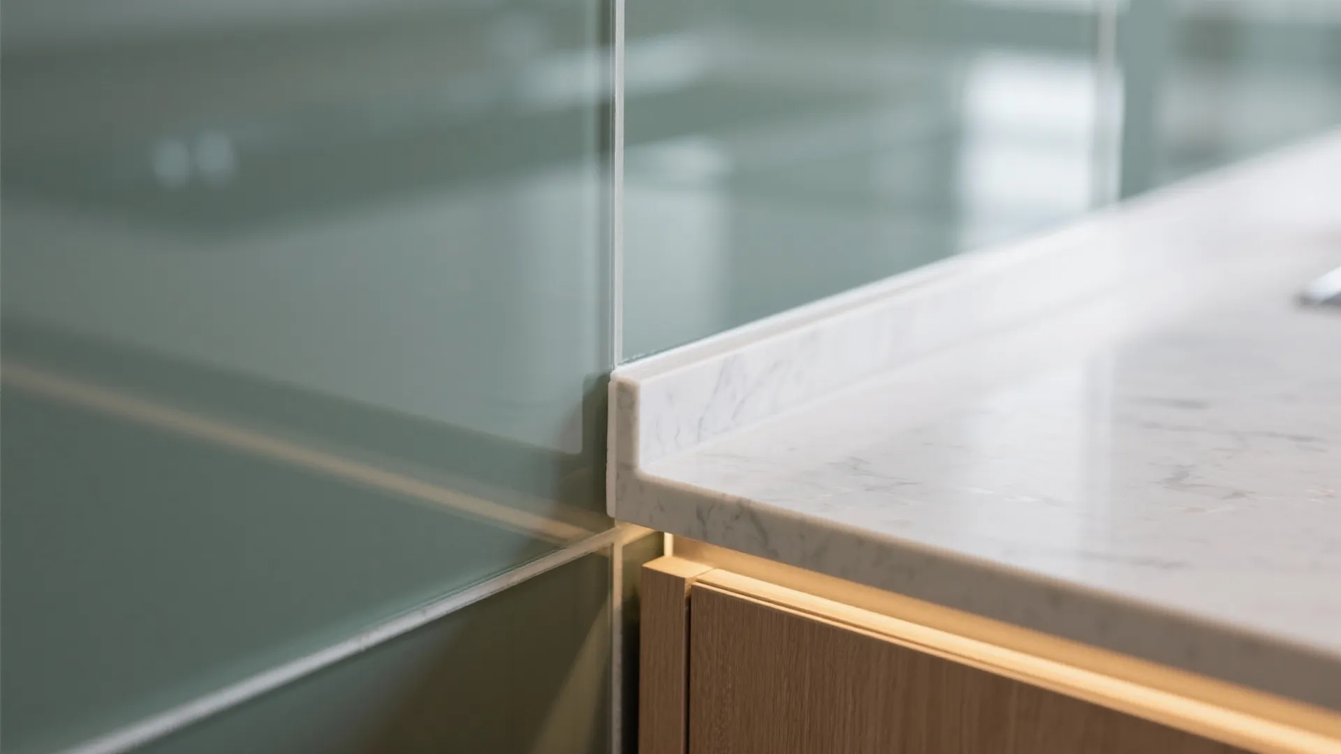 Close up of a marble kitchen counter meeting a green glass wall with under cabinet lighting