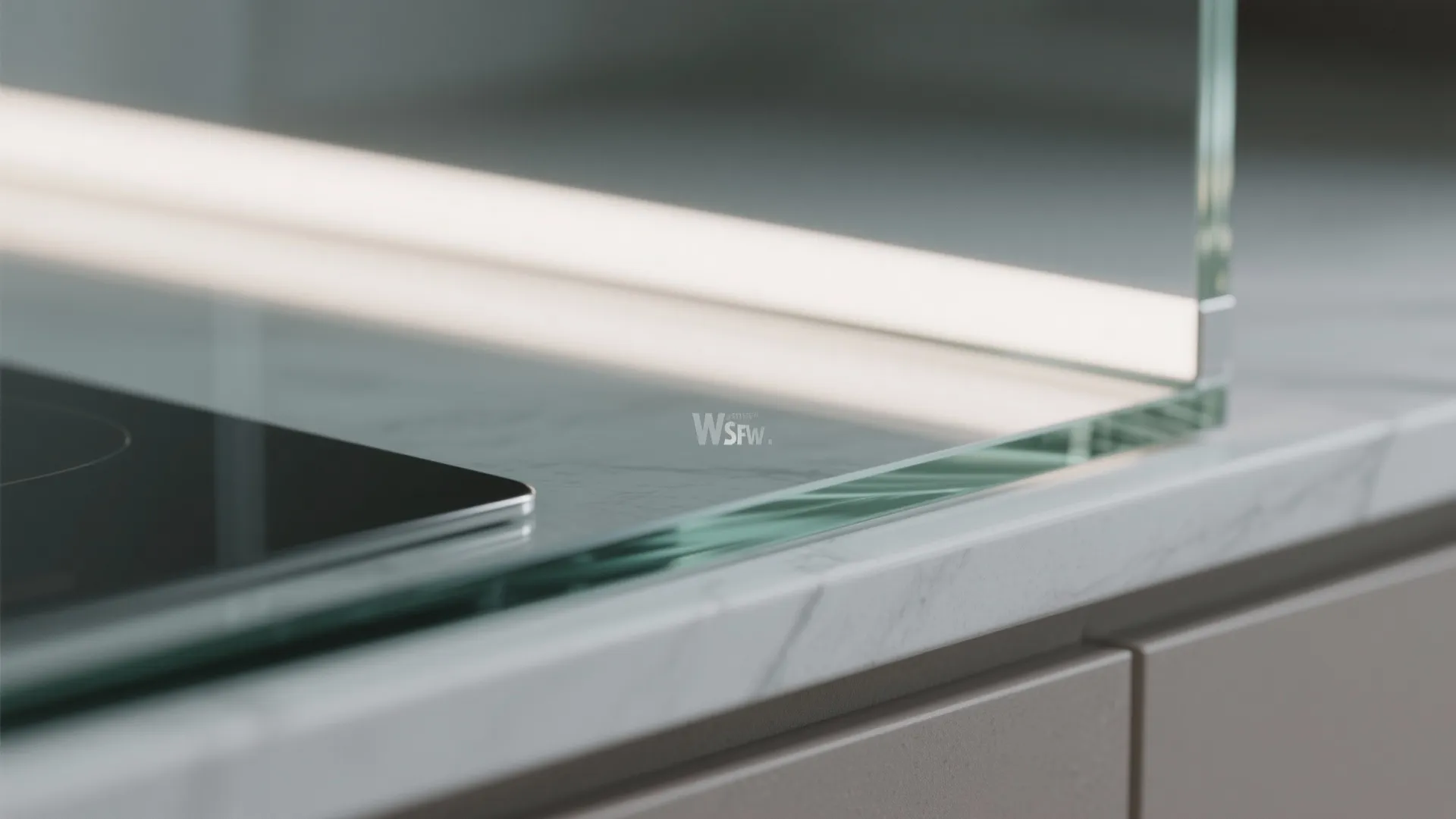 Glass backsplash with concealed wall lights for depth