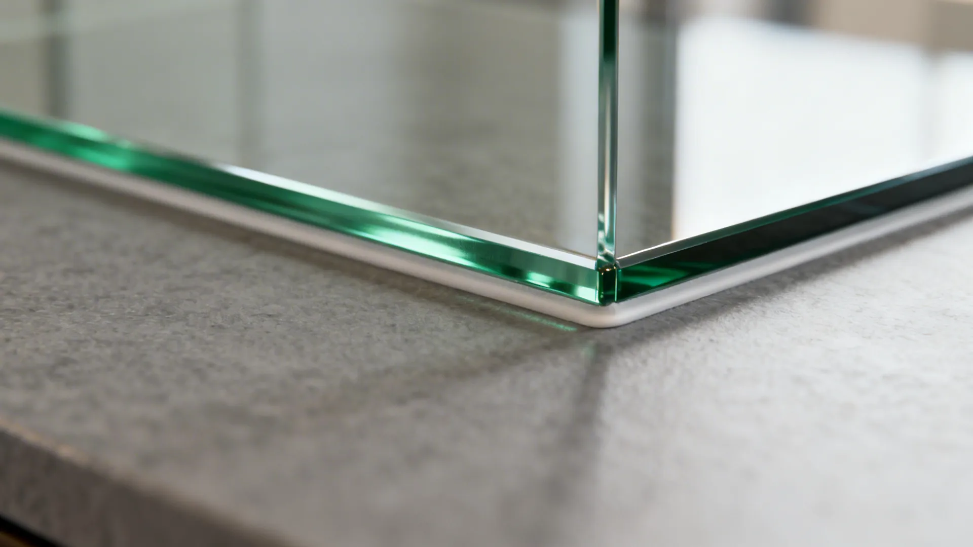 Close-up of polished edge and clean joint of a back-painted tempered glass backsplash.