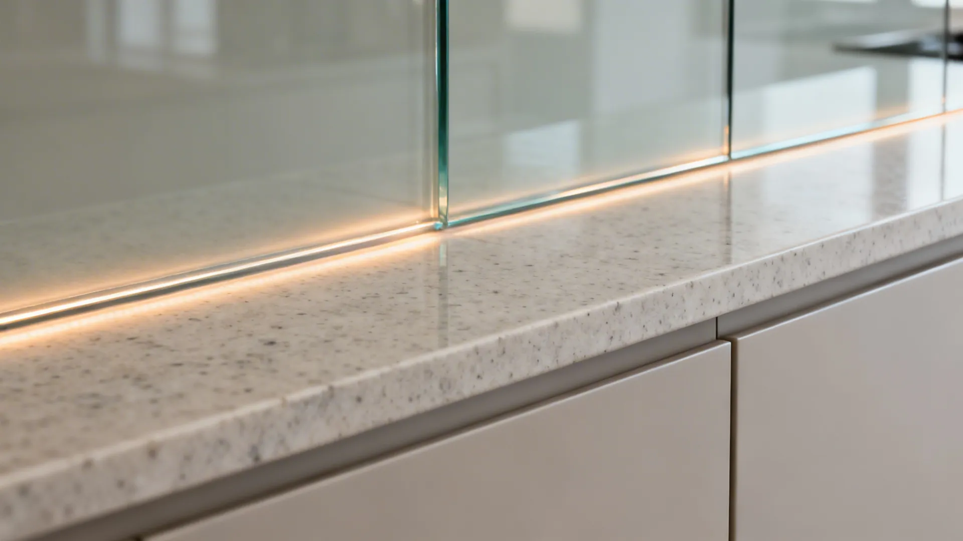 Macro of a low-iron glass backsplash meeting veined quartz with warm LED reflections.